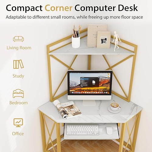 Miniatura 18 de Tangkula Escritorio esquinero con gabinete y estación de carga, escritorio de computadora que ahorra espacio con estantes y bandeja para teclado,