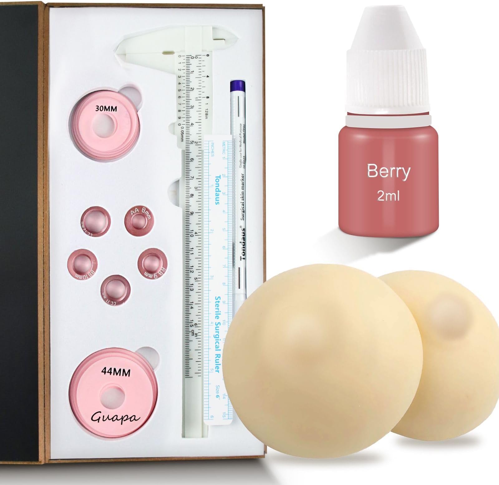 3D Areola Tattoo Set with Measurement Tool 2pcs Areola Skin 2ml Berry Pigment for 3D Nipple Areola Tattoo Training (Set 1)