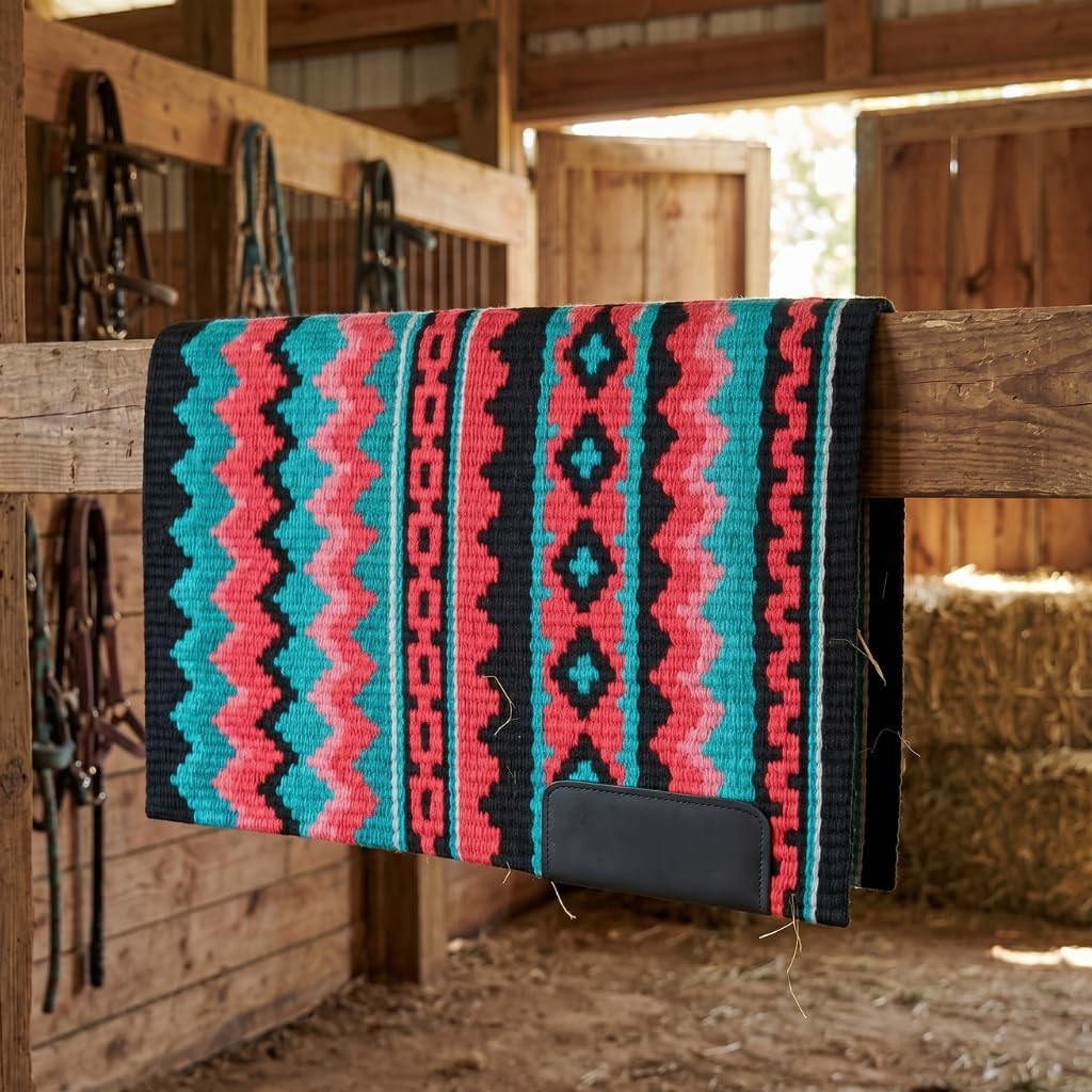 Western Show Saddle Pad/Blanket for Horses - Handmade Wool Saddle Blanket with New Zealand Design, Thick, Durable & Comfortable for Horse Riding (36” L x 40” W x 1) M21
