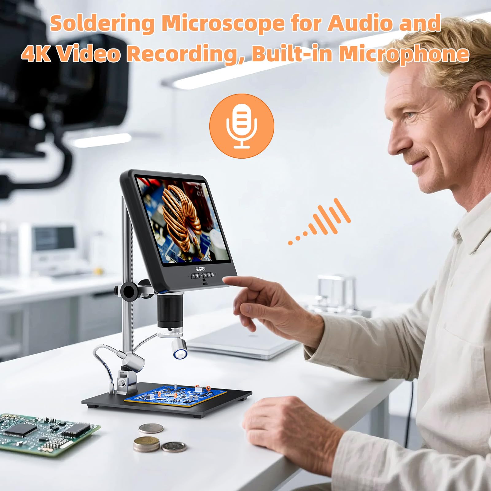 GLG208SE - Microscopio digital HDMI 4K 30FPS 1500X con micrófono para reparación electrónica, pantalla dual de 10.1 pulgadas, audio de video UHD 3840P para soldadura PCB, microscopio de monedas, vista