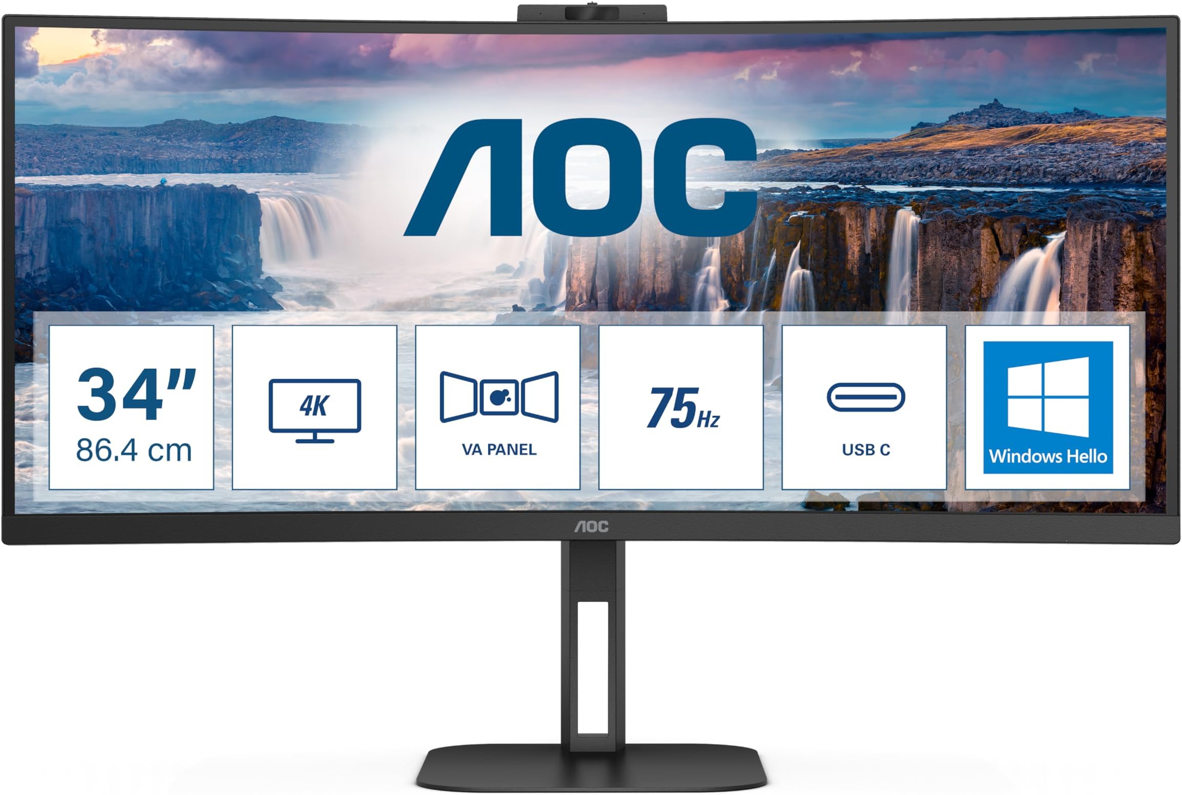 AOC CU34V5CW - 34 Inch Curved QHD Monitor,100Hz, VA, WebCam, USB-C Docking,65W power delivery, USN Hub, Height Adjust, Speakers (3440 x 1440 @100Hz, 300 cd/m² , HDMI 2.0/ DP 1.2 / USB-C 3.2 DP alt)