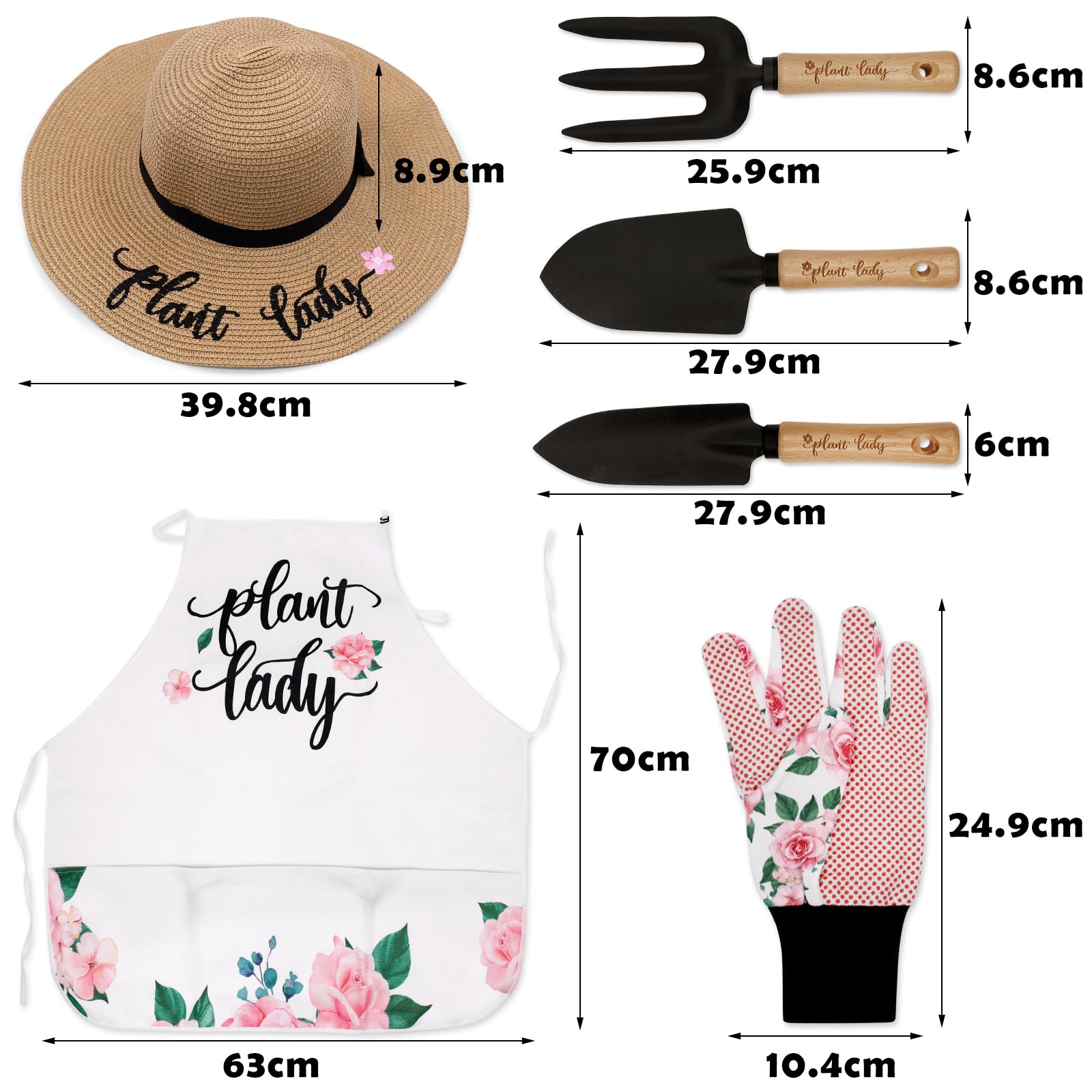 Kit di attrezzi da giardino con attrezzi per piantare, cappello di paglia, grembiule da fiori, guanti, cestino regalo per mamma, zia, nonna, primavera, giardino, scavare, orticoltura, set da 6
