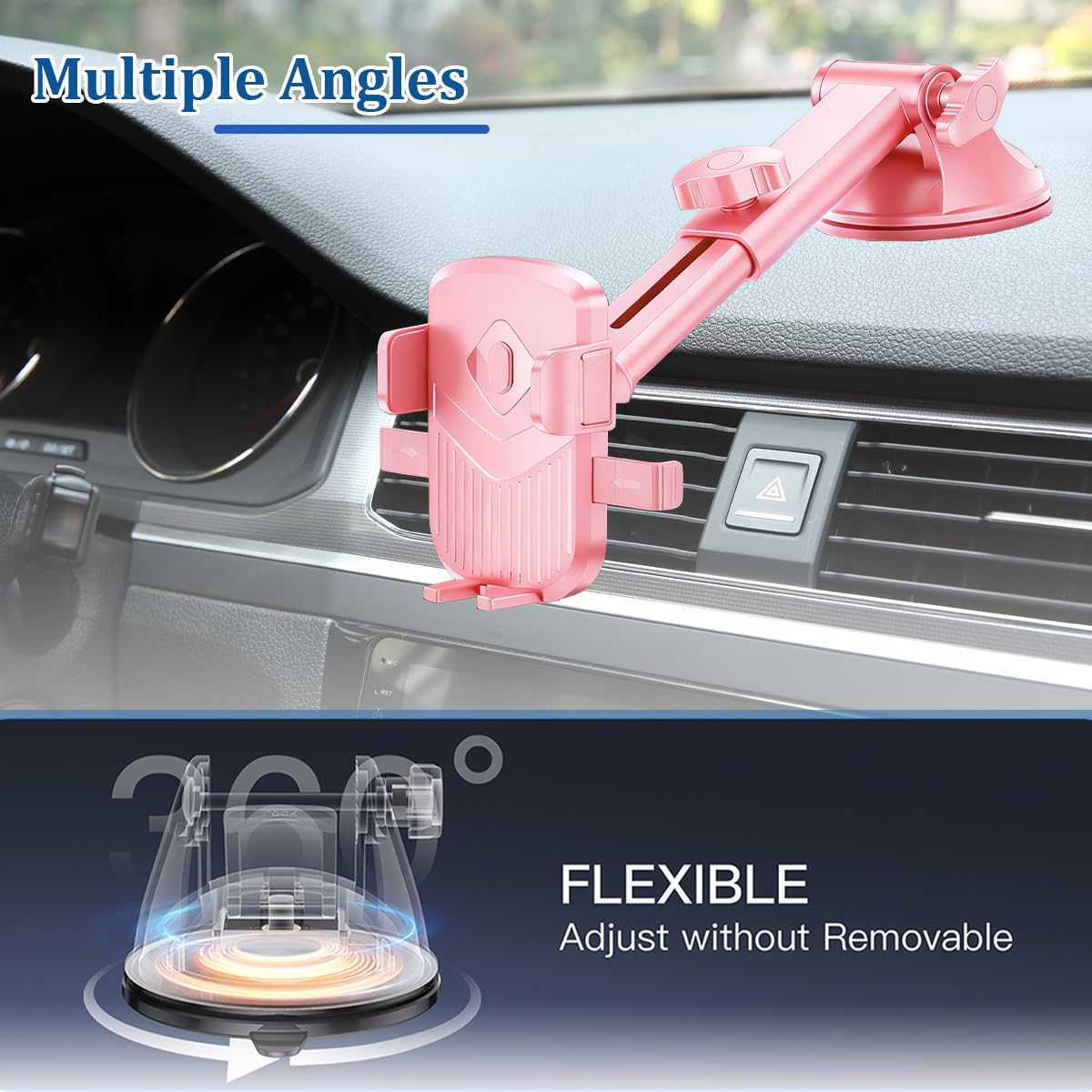 Zpana Supporto per telefono da auto, rotazione a 360°, con forte ventosa, supporto per smartphone e cruscotto, universale, per la maggior parte dei cellulari (rosa)