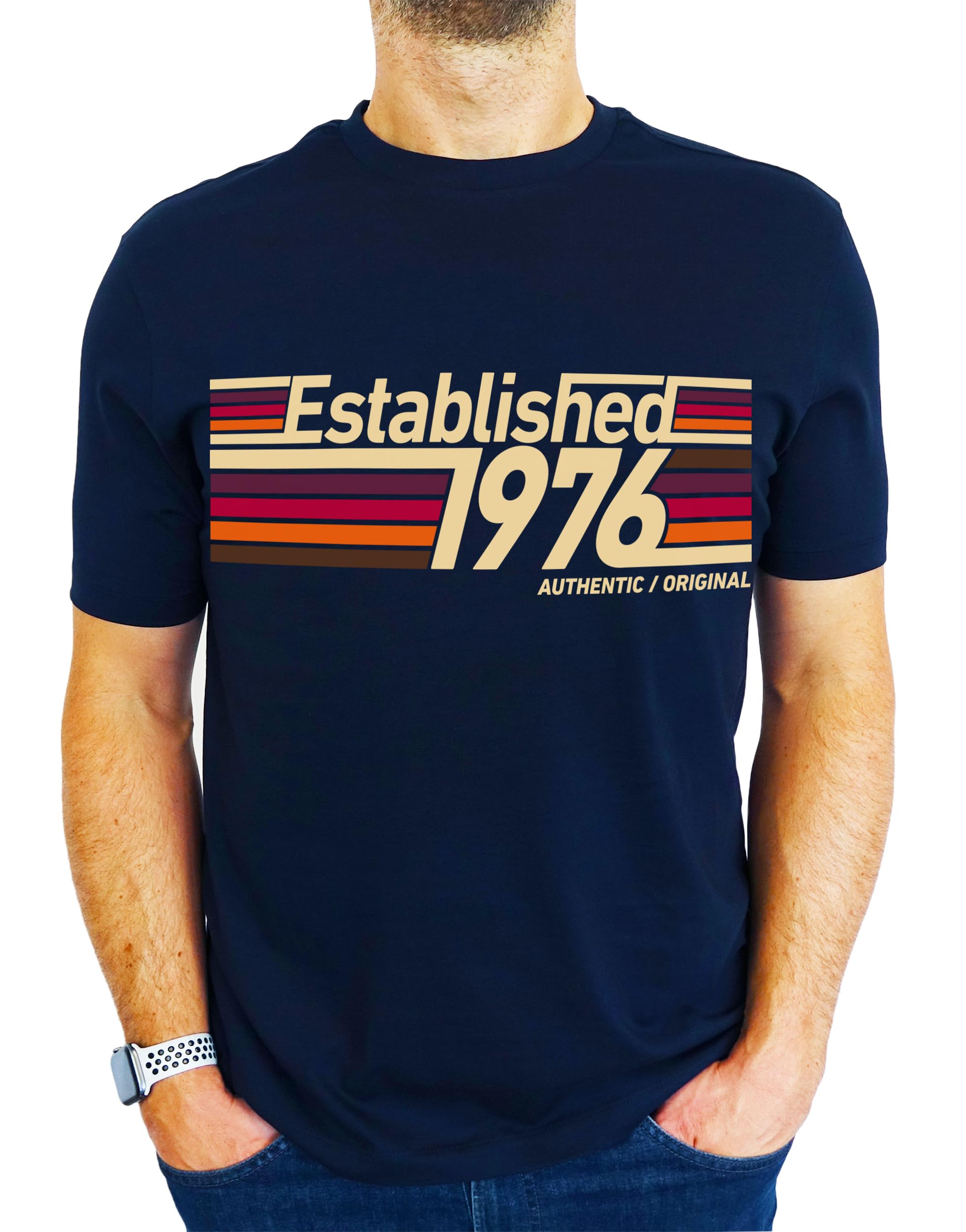 My Generation Gifts Men's Navy 1976 Established Retro Stripes - 50Th Birthday Gift | Present T-Shirt L
