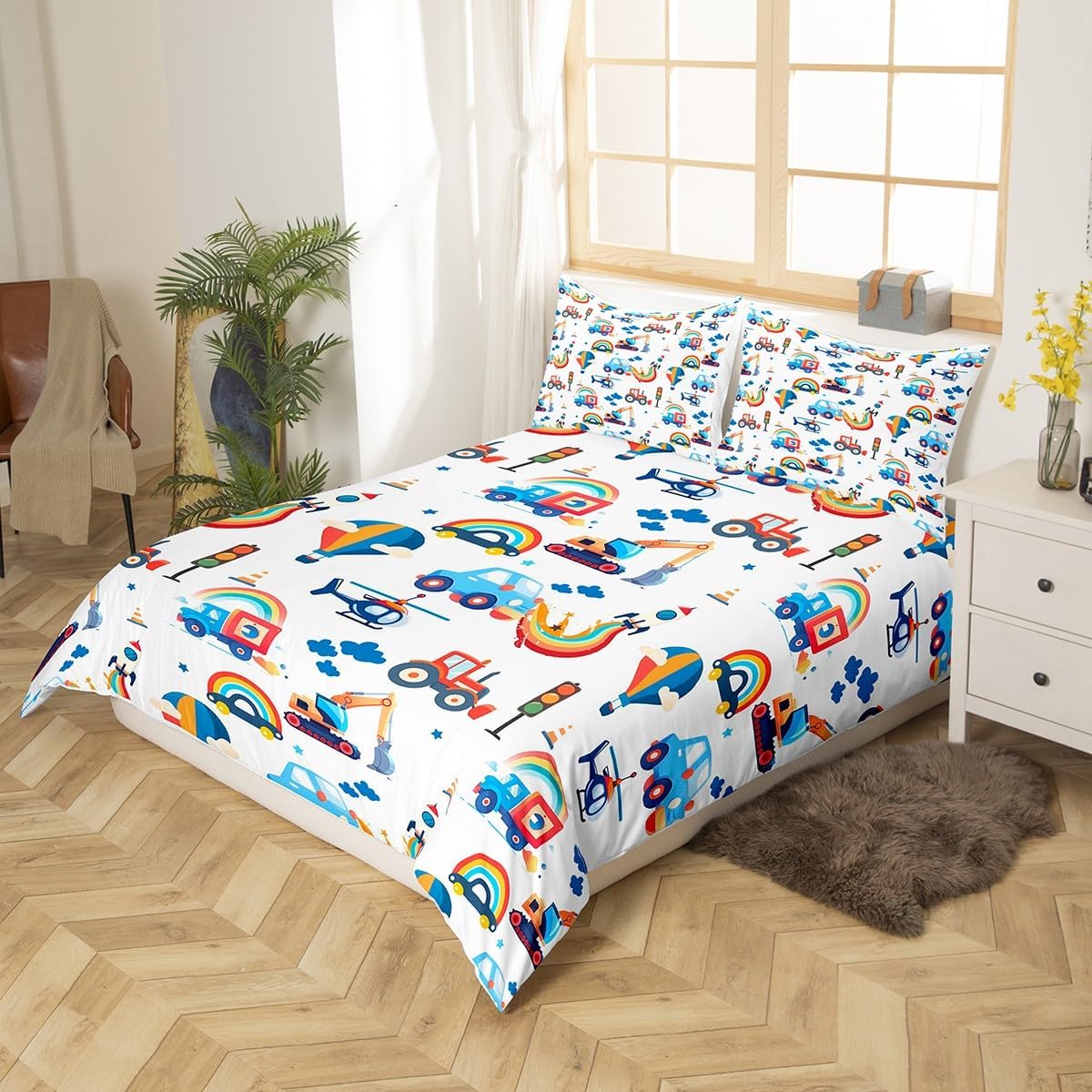 Manfei Cartoon Cars Duvet Cover Set Toddler Size,Cute Truck Airplane Helicopter Rocket Vehicles Bedding Set,Rainbow Sky Stars Clouds Graffiti Comforter Cover(No Filler) for Kids,2 Pcs