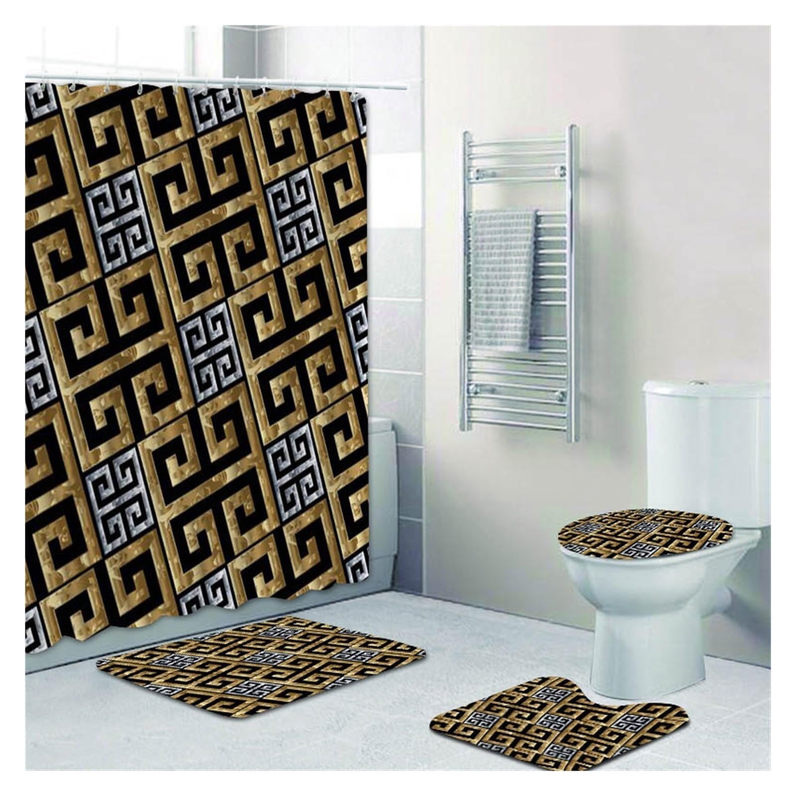 GSJNHY Pattern Shower Curtain and Rug Set Abstract Geometric Bathroom Mats Rugs Toilet Decor Mat (Color : YLQ3046-4PCS Set4)