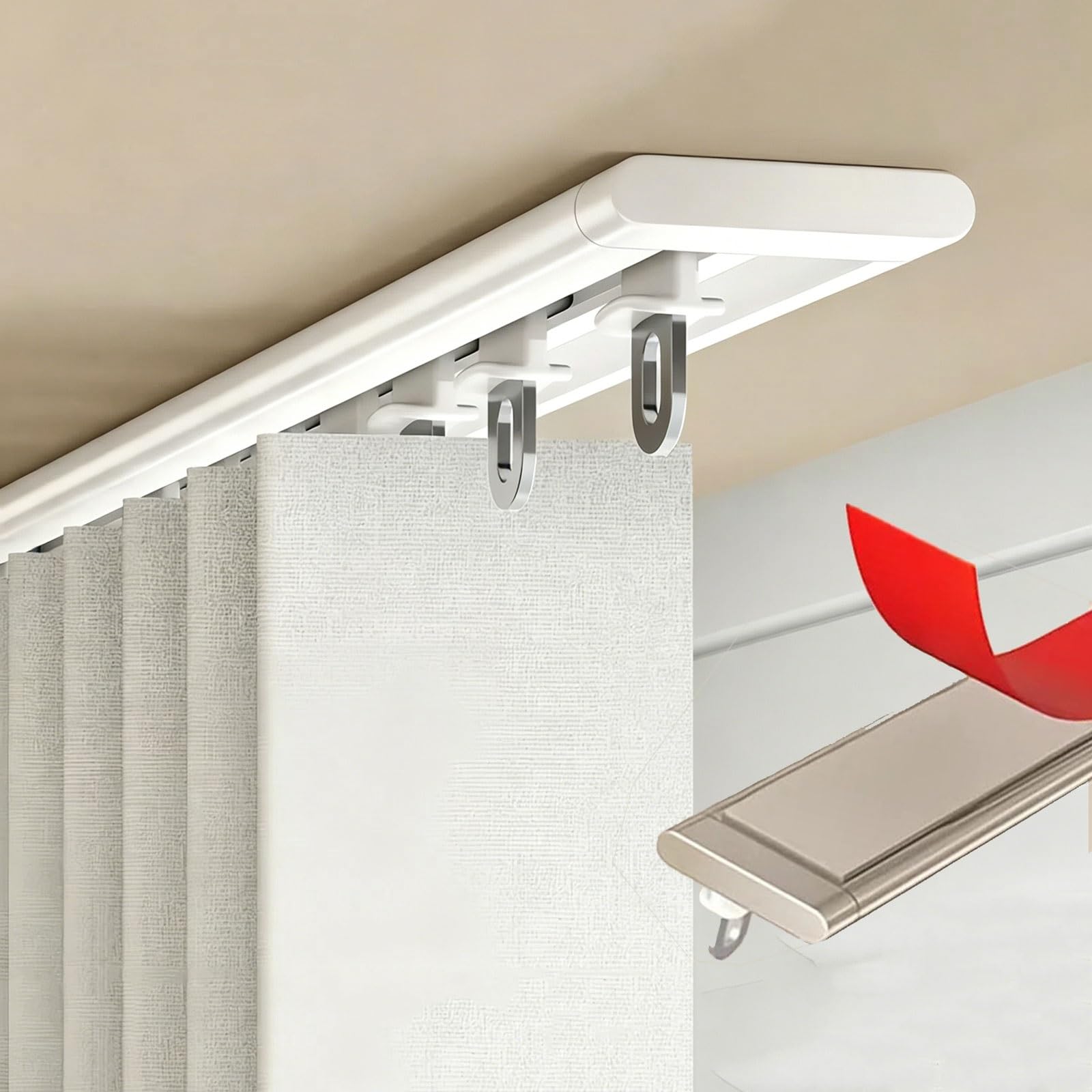 Ultra-thin Curtain Track Self Adhesive Curtain Track Aluminum Rail No Drill Rod Screws or Tools No Damage Room Divider for Windows Cabinet Closet Bathroom(White,1.6m/5.3ft)