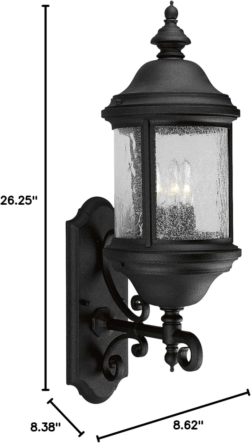 Progress Lighting Ashmore Collection 3-Light Water Seeded Glass New Traditional Outdoor Extra-Large Wall Lantern Light Textured Black