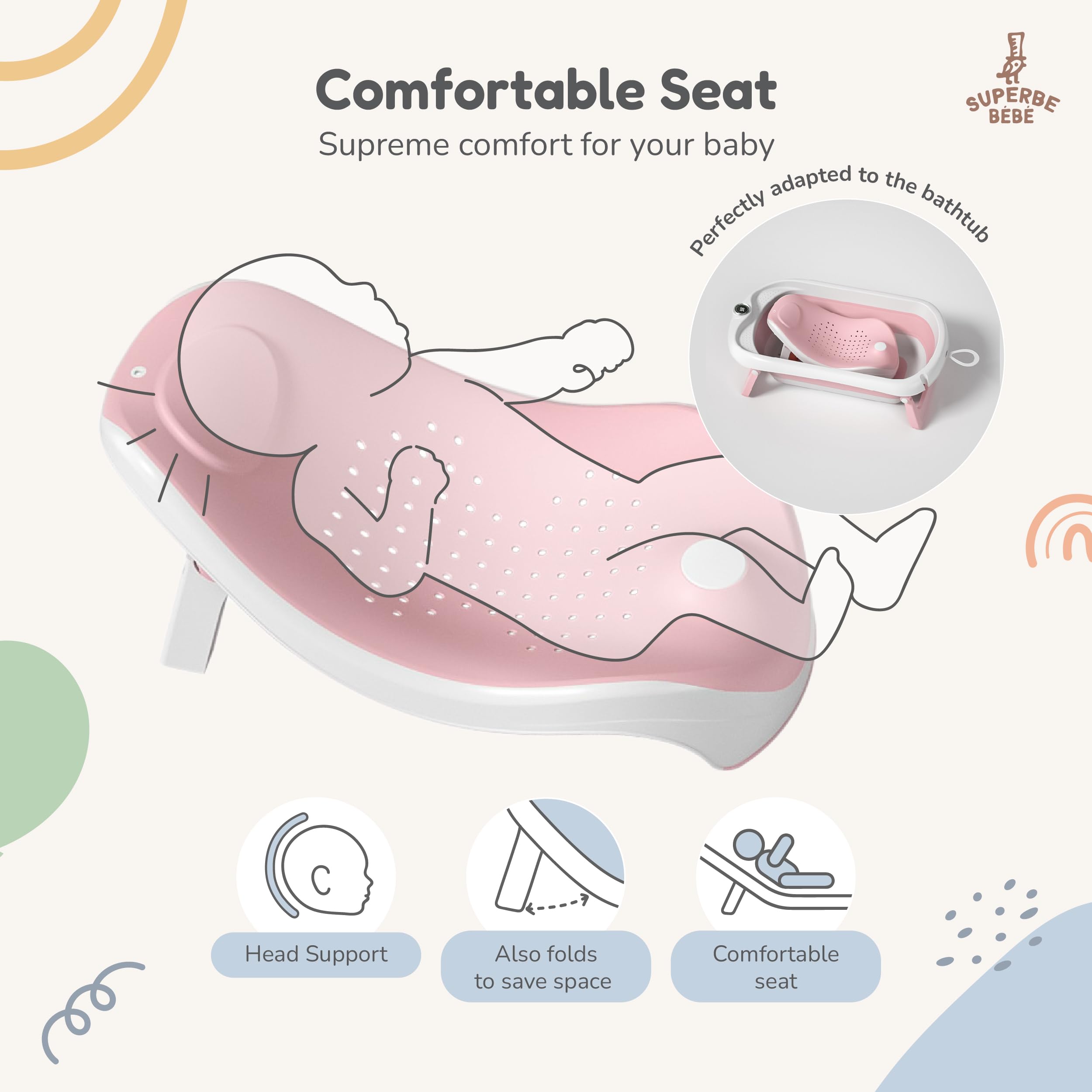 Bagnetto per bambini pieghevole con supporto bagnetto/Vaschetta bagno neonato XL con termometro per il controllo della temperatura dell'acqua/Dalla nascita ai 3 anni