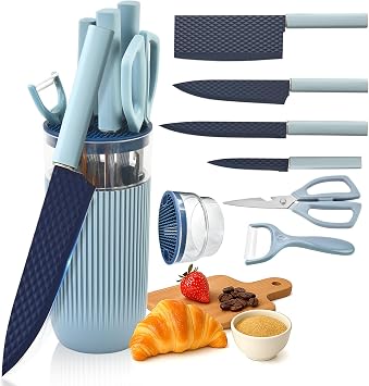 Knife Set, 7-Piece Kitchen Knife Set with Sharp Chef and Meat Knives, Anti-Rust Utility Knives Set for Kitchen, Kitchen Knife Block SetBlue
