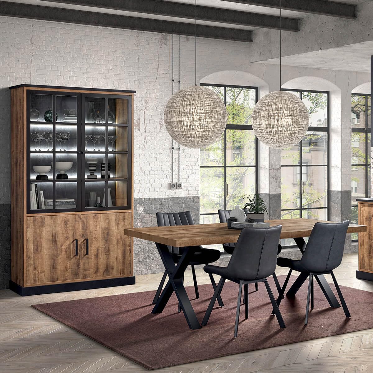 AltoBuy Jenna - Vitrine 4 Portes Aspect Bois et Métal Poudré Noir