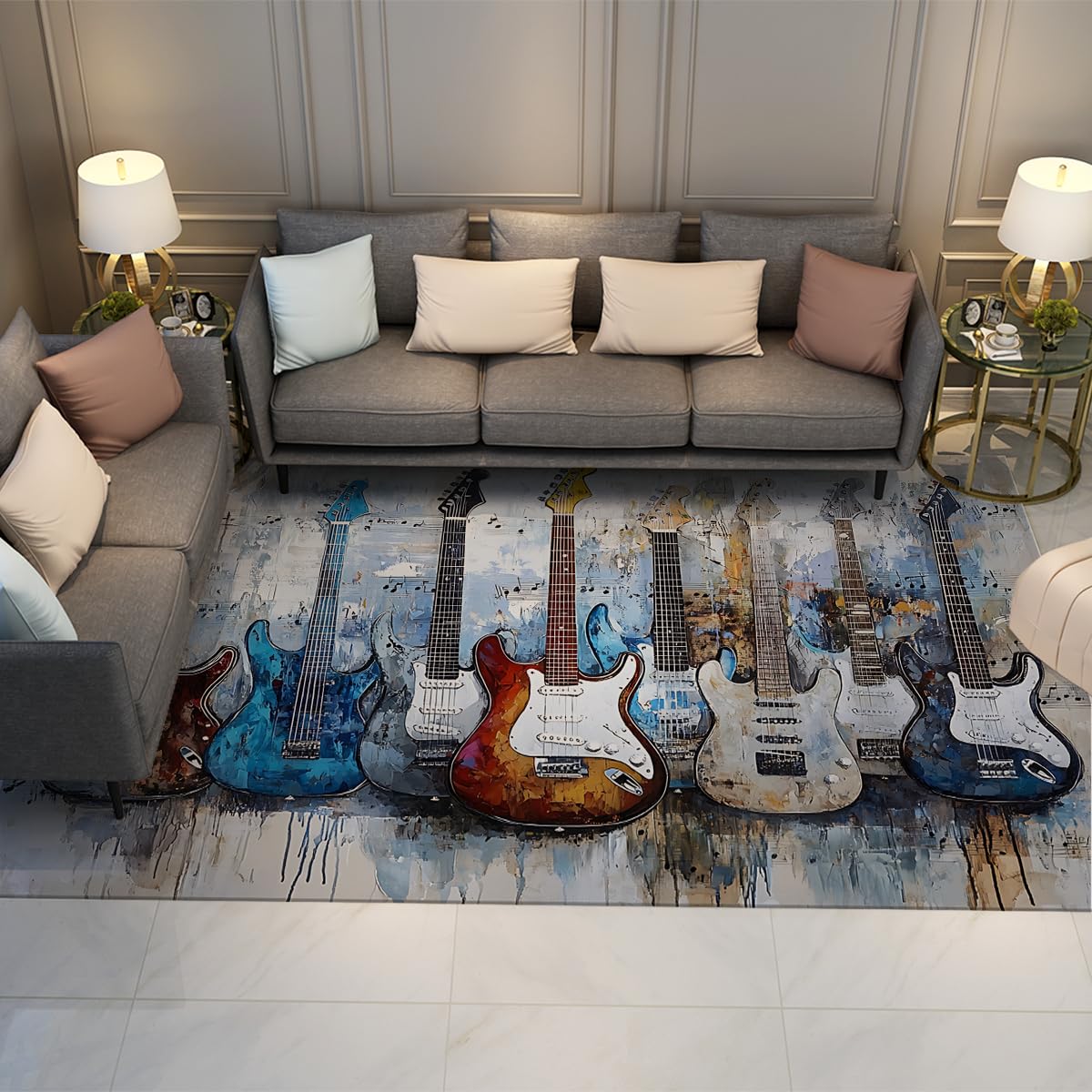 Music Zone Dywan Gitara Instrument Design Dywan Do Salonu Zmywalne Maty Nowoczesny Wystrój Domu Dywaniki Niskie Włosy Do Nauki Pokój Gier 60x180cm