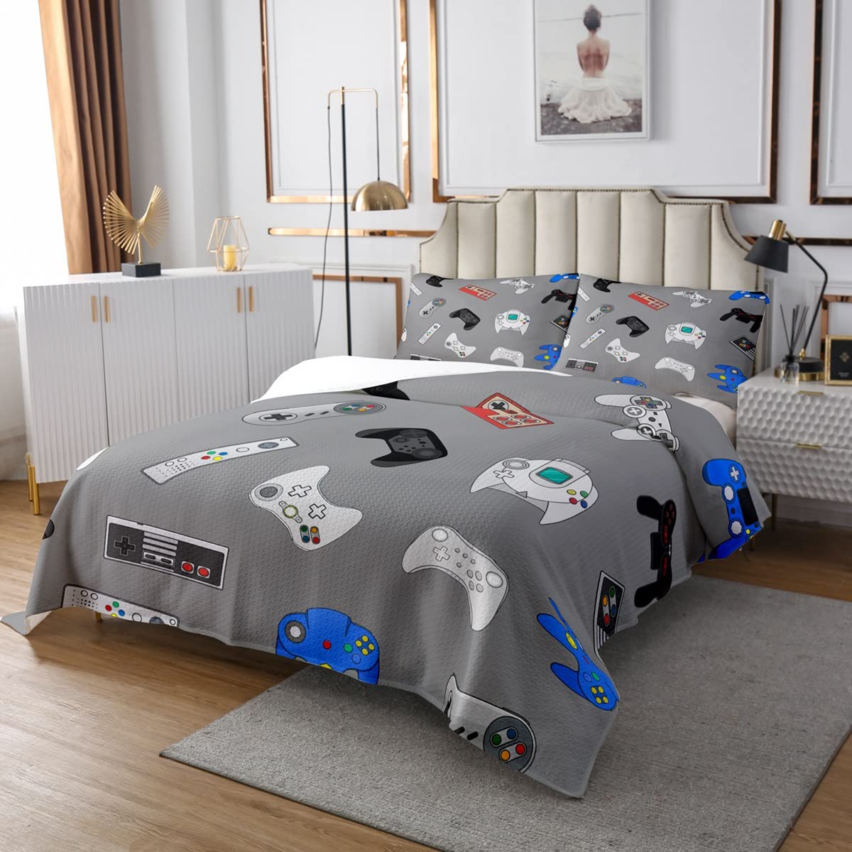 Feelyou Gamepad Bedspread Console Gamer Gray Coverlet Set for Kids Boys Girls Various Video Game Quilted Modern Game Controller Decor Bedroom Collection 3Pcs Queen Size