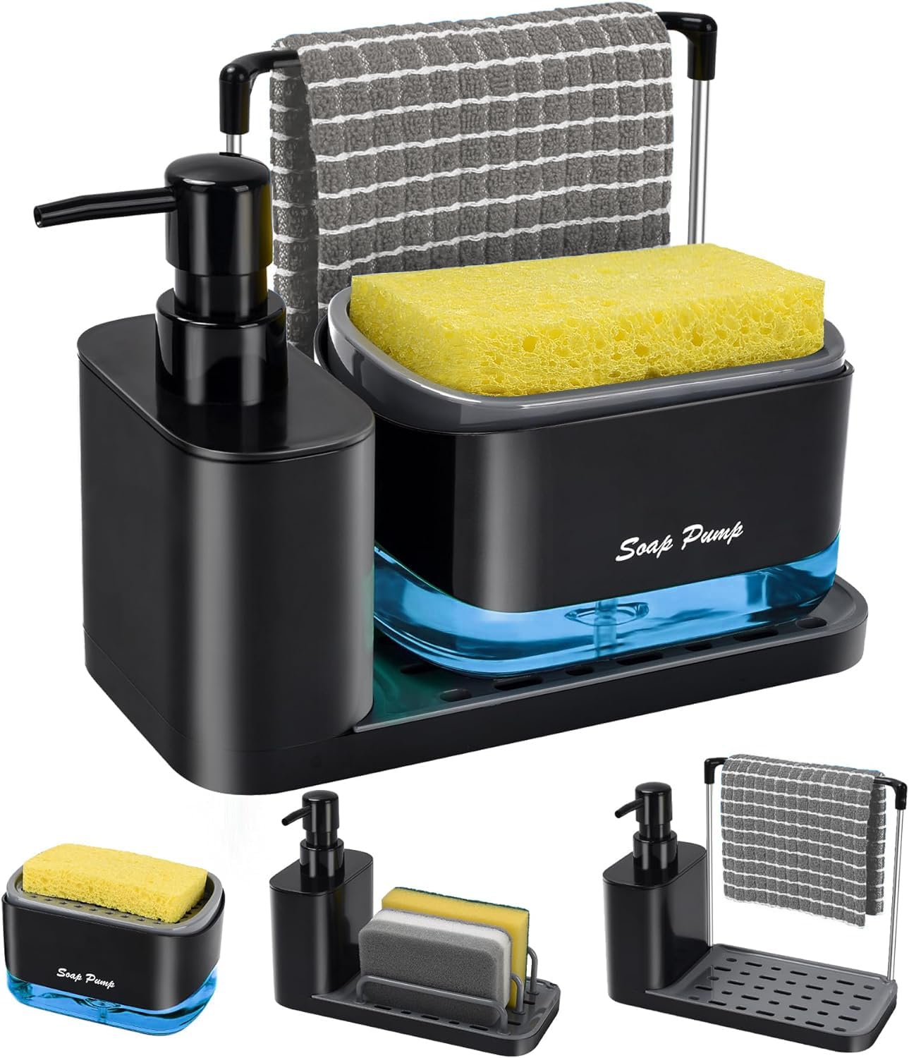 Dispenser Sapone Cucina 4 In 1 Nero - Con Portaspugna E Vassoio - Per Lavello - Foto 5