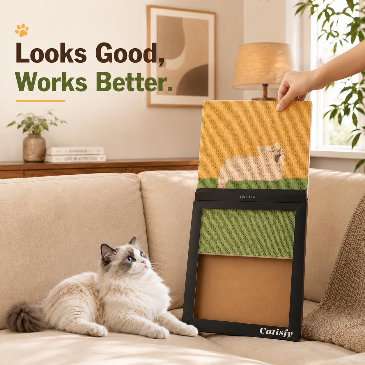 Wall Art Cat Scratcher, Decorative Vertical Cat Scratching Board, 17x12 Framed Cardboard Scratch Pad with Renter-Friendly No-Drill Wall Mount, Indoor Cat Toy & Furniture Protector(Yawning Kitty) 1