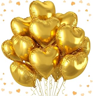 AMFIN® (Pack of 10) 18 Inch Heart Shaped Balloons - Gold Foil Heart Balloons for Decoration