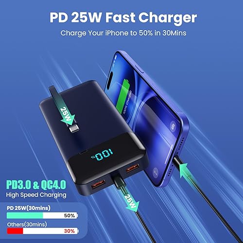 Miniatura 3 de Cargador portátil de 40800 mAh con 3 cables incorporados, PD 25 W USB C entrada y salida cargador de teléfono rápido, QC4.0 5 salidas de viaje,