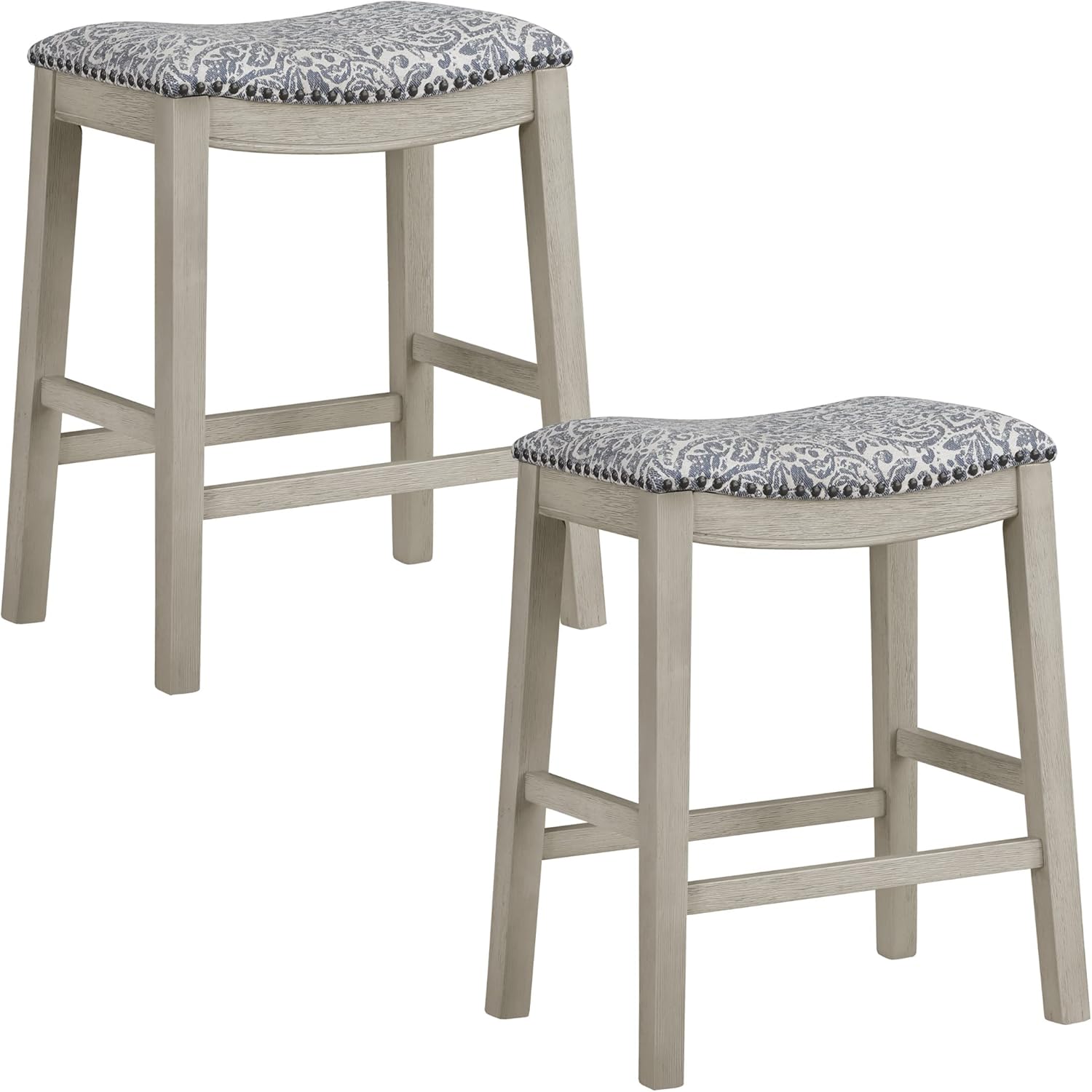 OSP Home Furnishings Metro Farmhouse Saddle Stool with Nailhead Trim, 2-Pack, 24-inch Counter Height, Whitewash Frame with Damask Navy Fabric