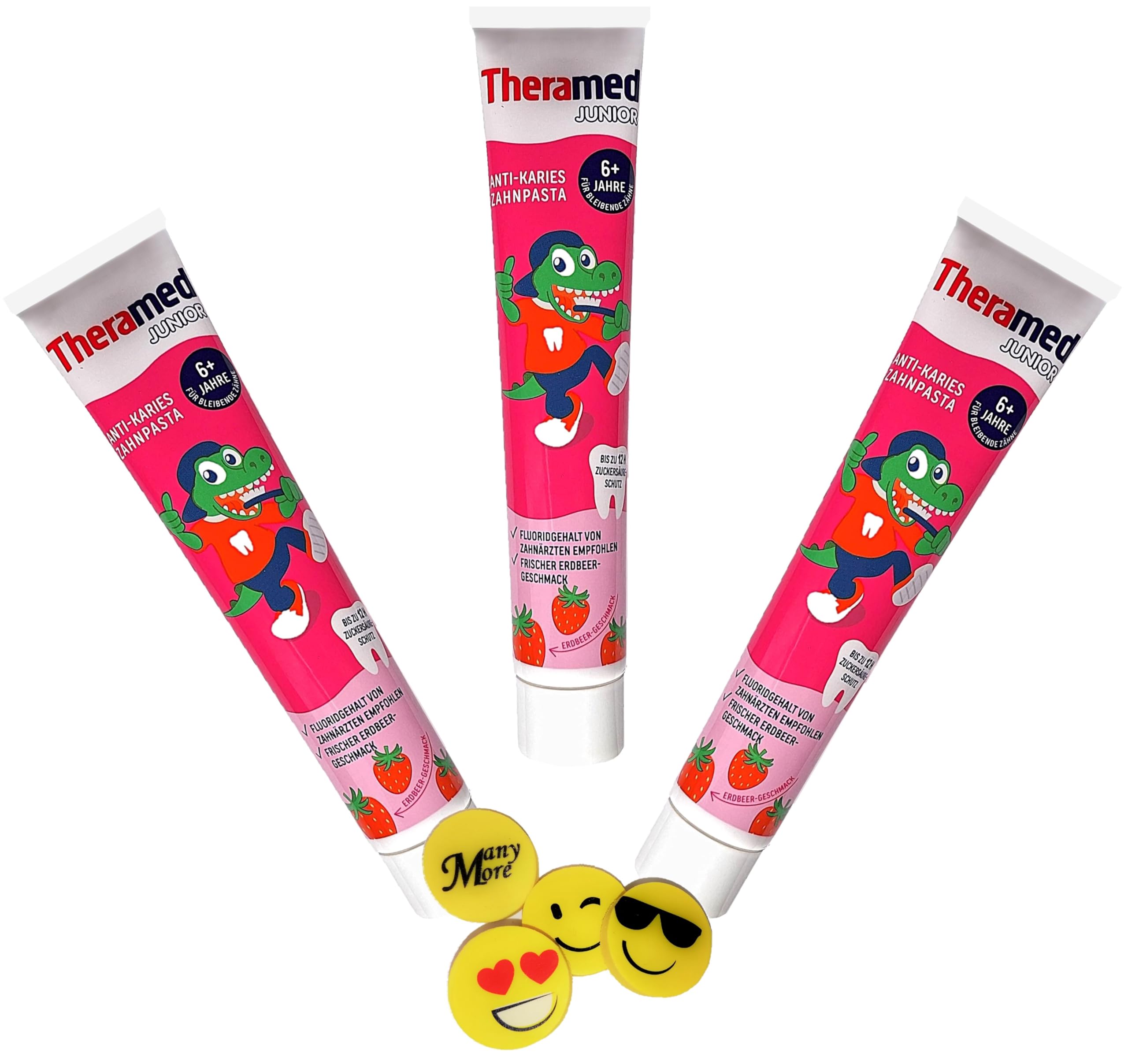 Thera-Med Junior Erdbeere Zahnpasta 3 x 75 ml Kinder ab 6 Jahren ohne Minze & Menthol + Gratis Radierer