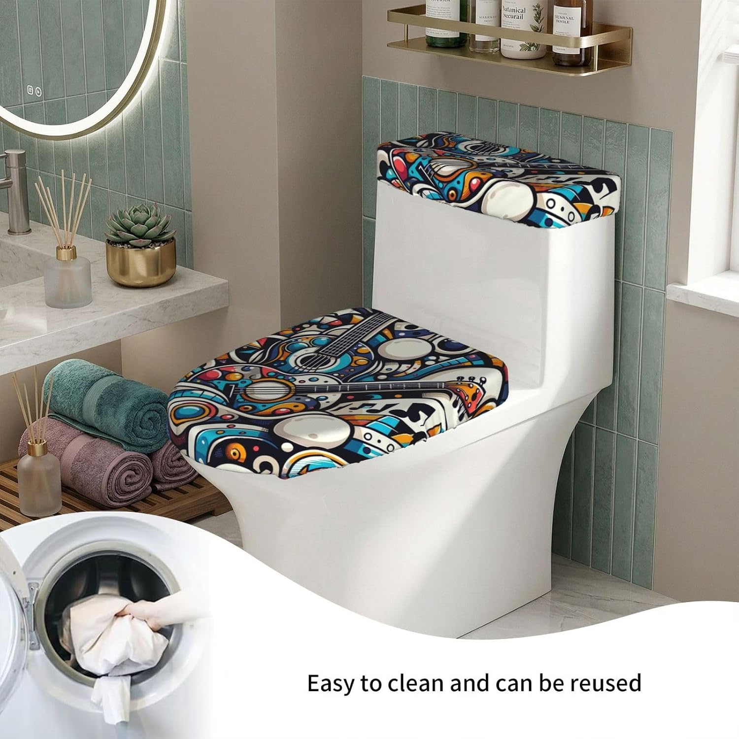 Colorful-Guitar-Music Toilet Lid Cover And Tank Cover Set Of 2, Stretch Soft Reusable Bathroom Toilet Seat Covers image 5