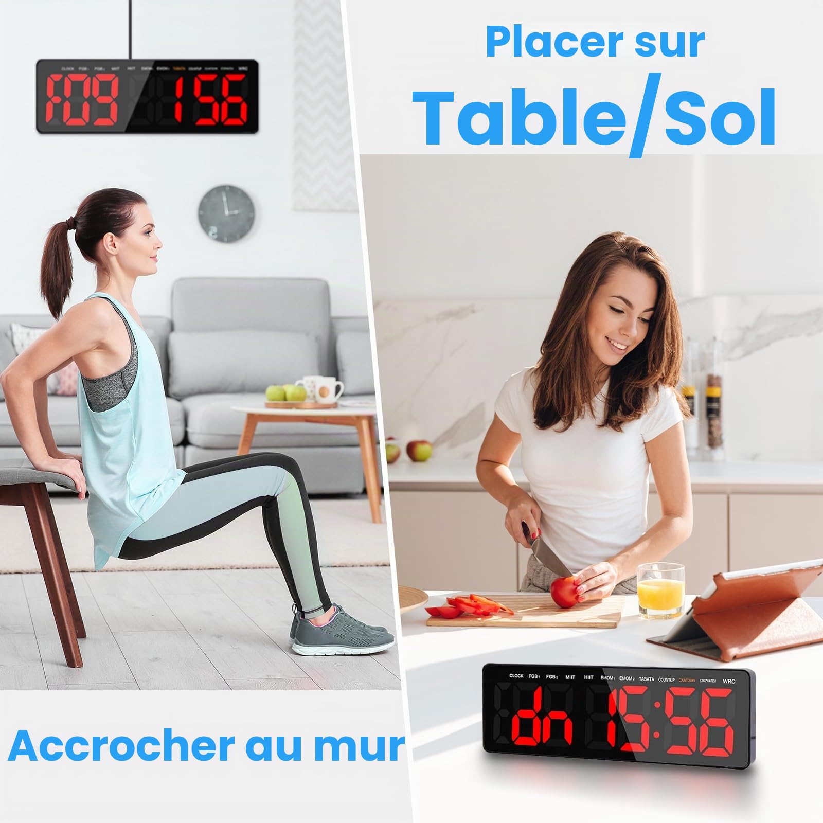 Timer Sport Minuteur Fitness avec Countdown/Countup/Chronomètre/Horloge Numérique,13.2” Gym Timer avec Télécommande pour Intervalles Boxe Tabata EMOM HIIT,3 Niveaux de Volume&Luminosité