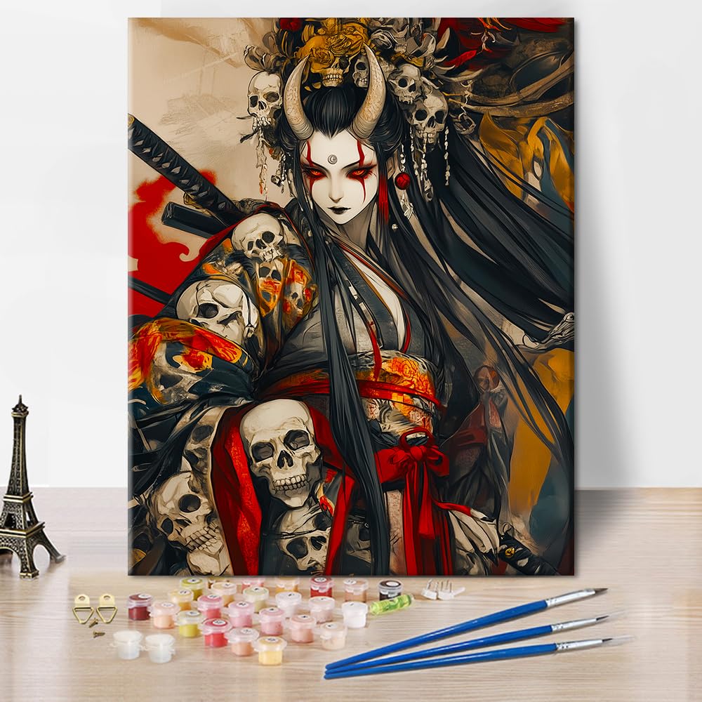 TISHIRON Paint by Numbers for Adults Skull and Girl Anime Style Female Warrior Painting
