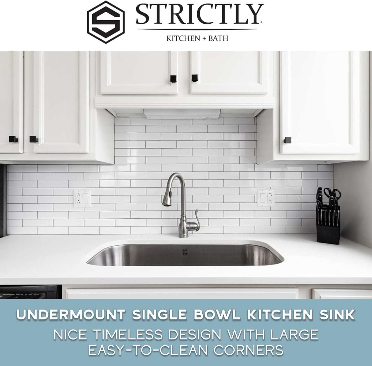 Strictly Sinks 32" Undermount Kitchen Sink–Stain Resistant Single Bowl Kitchen Sink - Undermount Sink with Sound Dampening Rubber Pads-Sink Only