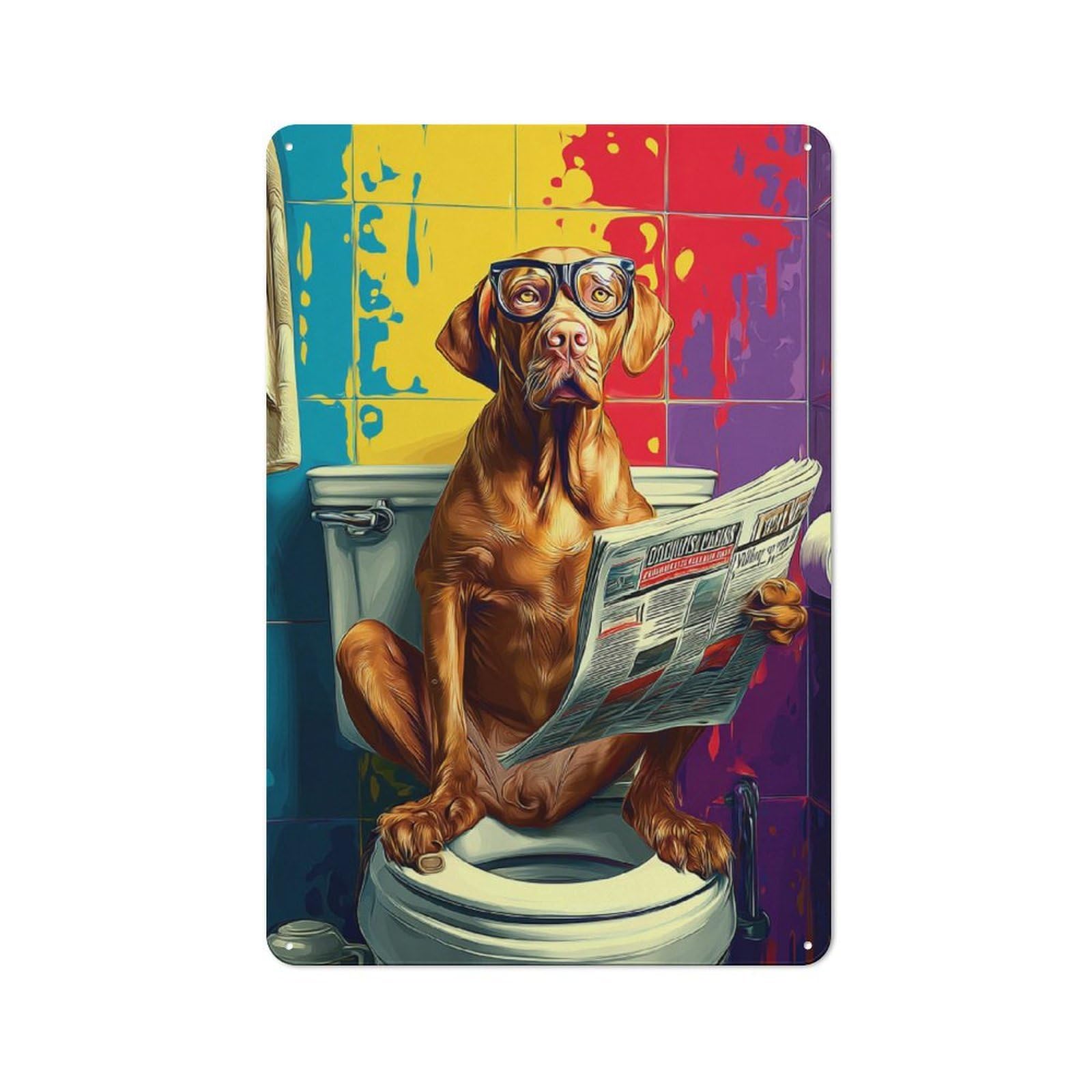 Junmoney Dog Reading Newspaper On Toilet-21 Vintage Metal Plaque 30X20cm For Café Or Restaurant, A Decorative Gift For A Newly Furnished Café And Restaurant