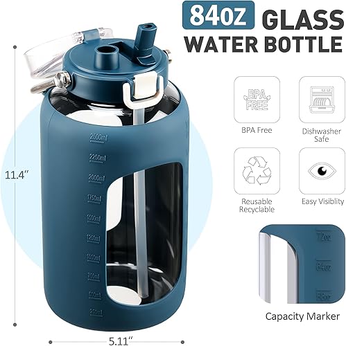 Miniatura 2 de Botella de Agua de Vidrio de 84oz con Mango de Acero Inoxidable, Botella de Agua de 2.5L Galón con Tapa de Pajita 2-EN-1, Funda de Silicona y Azul