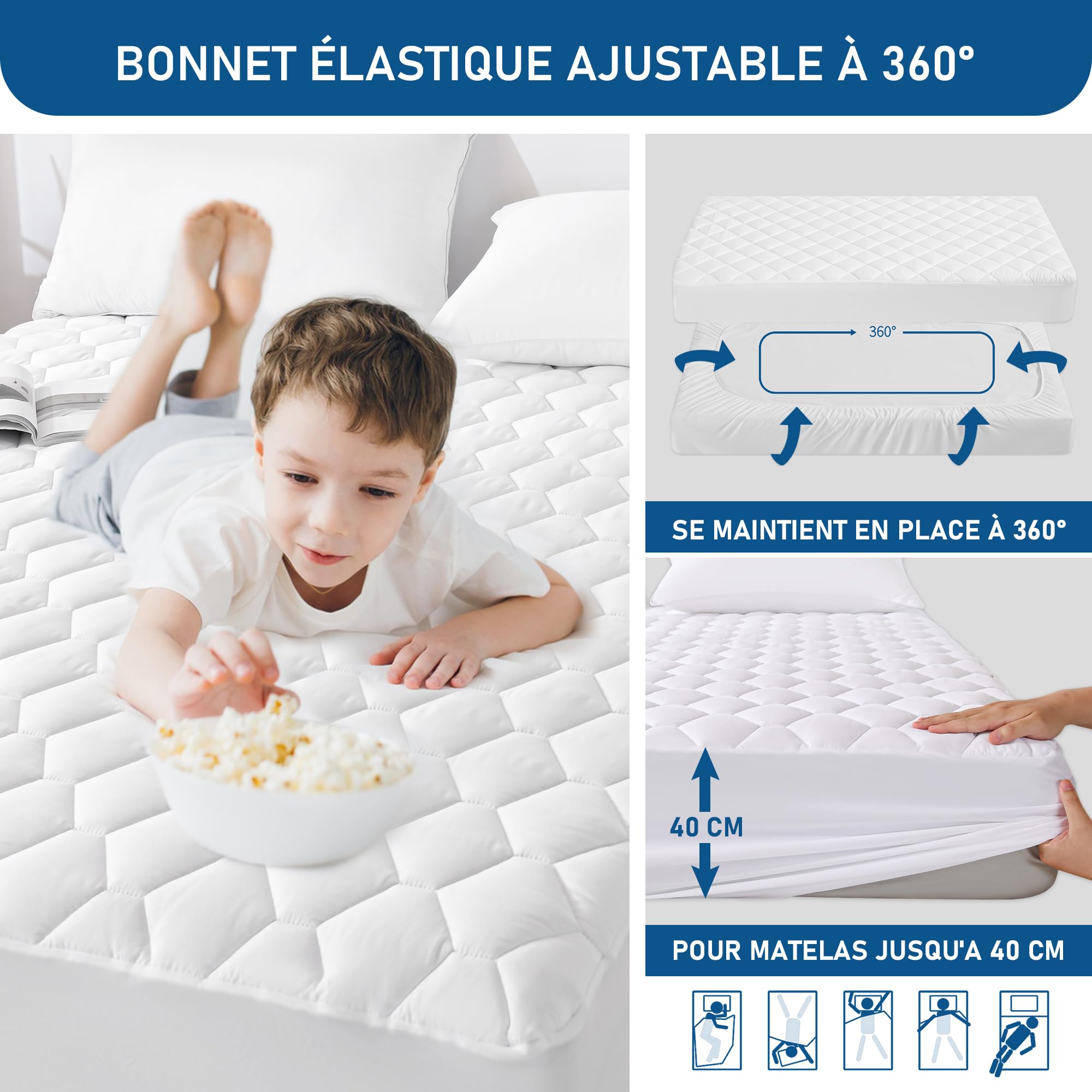 GRT Protège-Matelas 180x200 cm – Matelassé, Imperméable & Respirant – Alèse Housse Coussinée Certifié Oeko-TEX – Skirt jusqu'à 40 cm