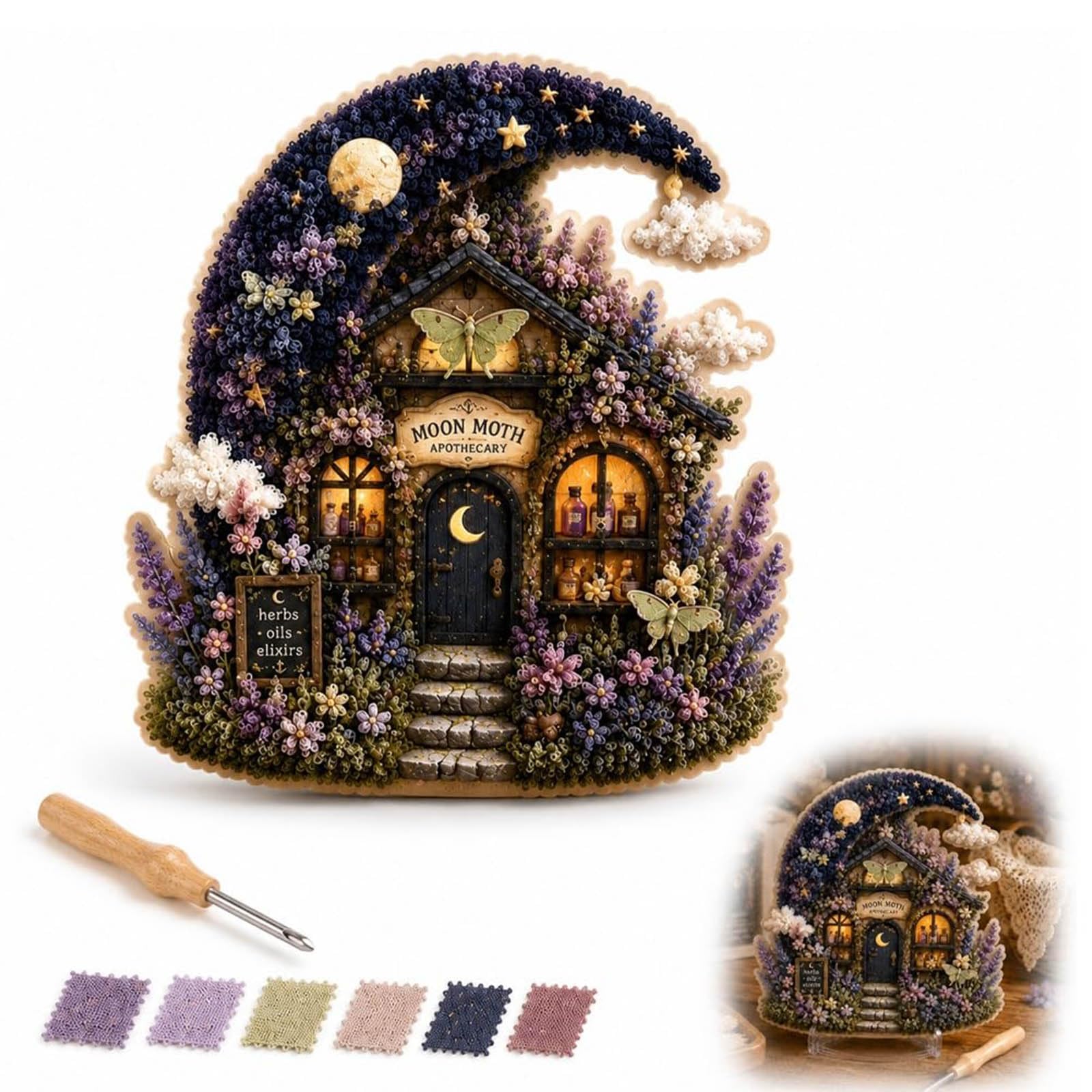 Whimsical Village 3D Fabric Poke Art Kit, Floral Mushroom Cottage Creative Craft Set, No Sew Press Technique, Simple Illustrated Guide, Home Decor Craft for Adult Beginner Handmade Hobby Gift (# D)