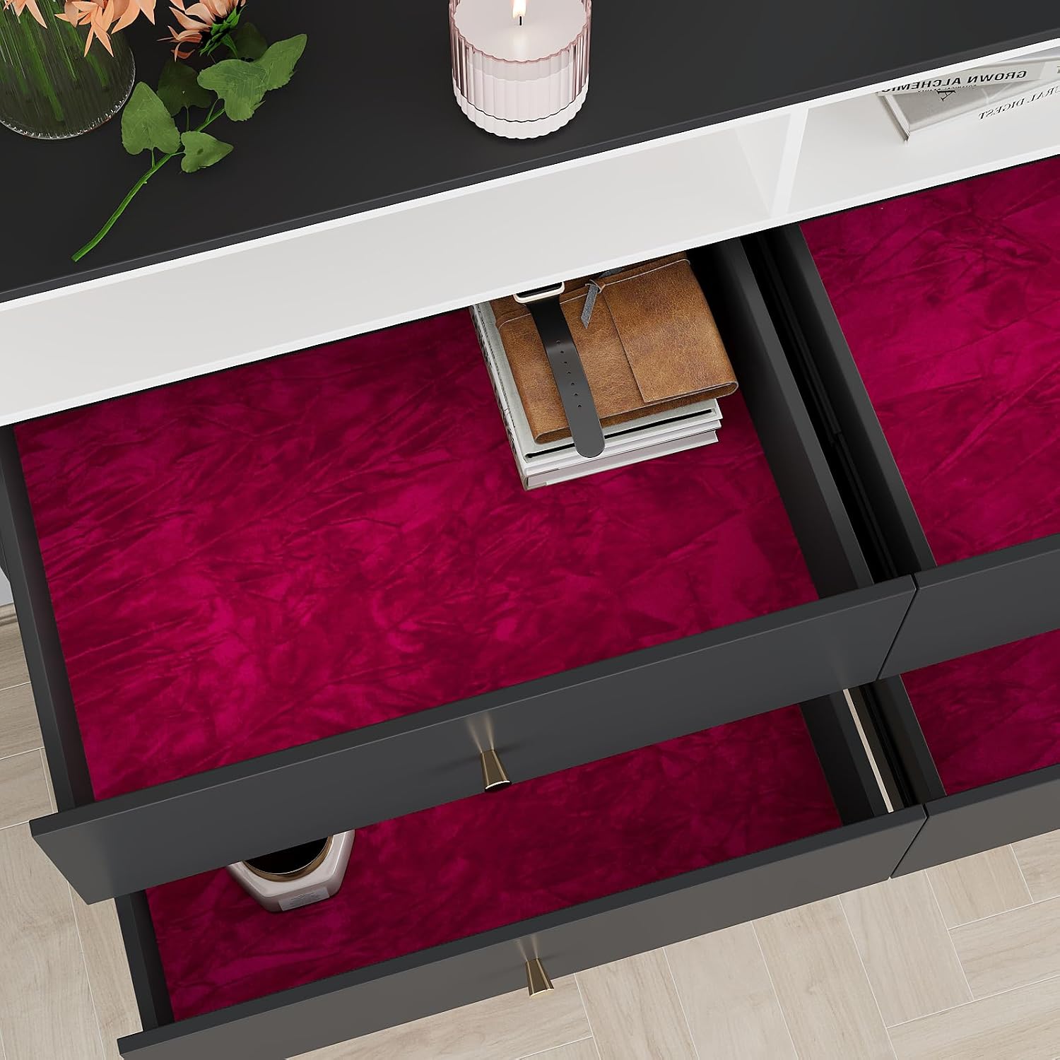 VEELIKE Soft Red Crushed Flocked Velvet Fabric Self Adhesive Felt Drawer Liner 15.7''x118'' Velvet Lining for Jewelry Box Drawers Art Crafts Felt Sheets Contact Paper for Cabinets Drawer Shelf Liners