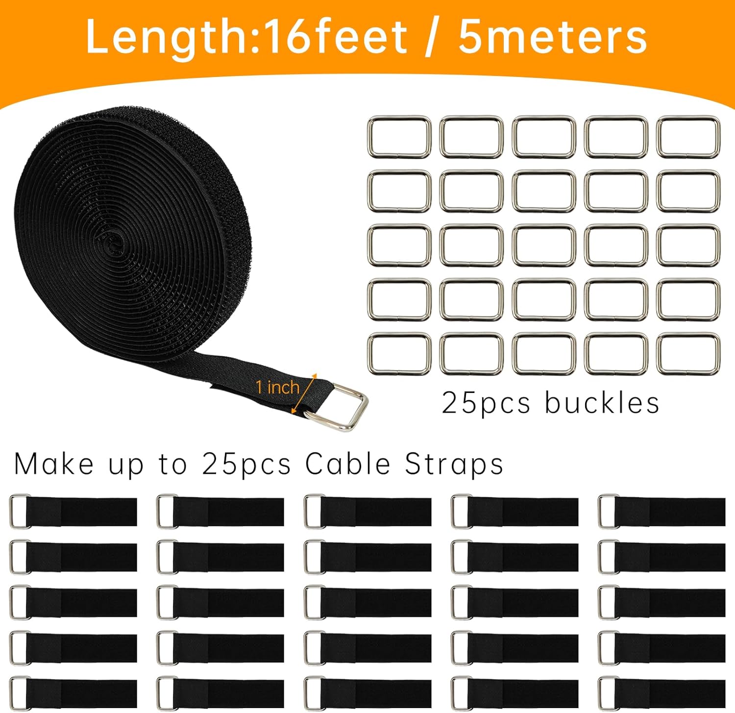 1" x16ft Hook and Loop Straps, Long Adjustable Fastening Straps with 25 Metal Buckles, Cut to Length Cinch Straps, Reusable Nylon Securing Cord Ties for Organizer or Storage