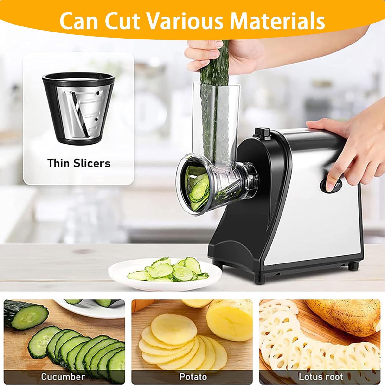Rallador Queso Eléctrico,Cortador Verduras Eléctrico 5 En 1,con 5 Cuchillas,para Calabacín,Queso,Verduras,Control Fácil con Un Solo Toque,con Cuatro Almohadillas Antideslizantes