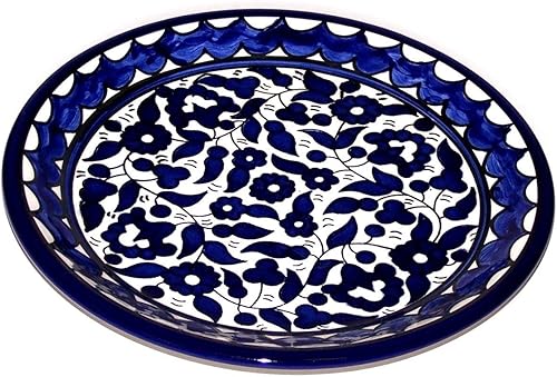 Holy Land Market Plato decorativo de cerámica armenia, diseño floral azul con soporte, 9.5 pulgadas, apto para lavavajillas