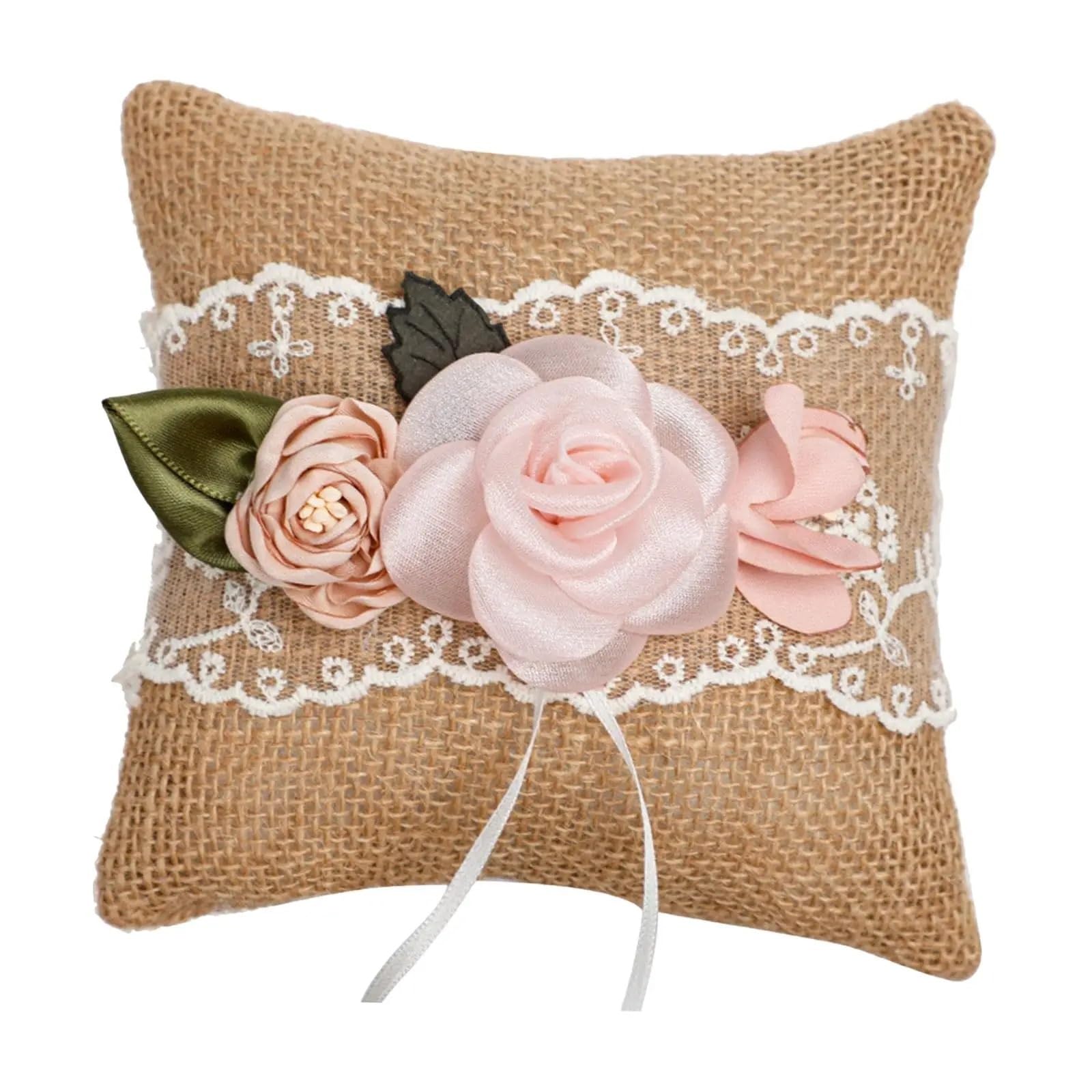 CGRSDSD Ring Bearer Pillow Wedding Rings Pillow 15x15cm Burlap Lace Flower Jute Wedding Pillow For Wedding Festive Supplies Party