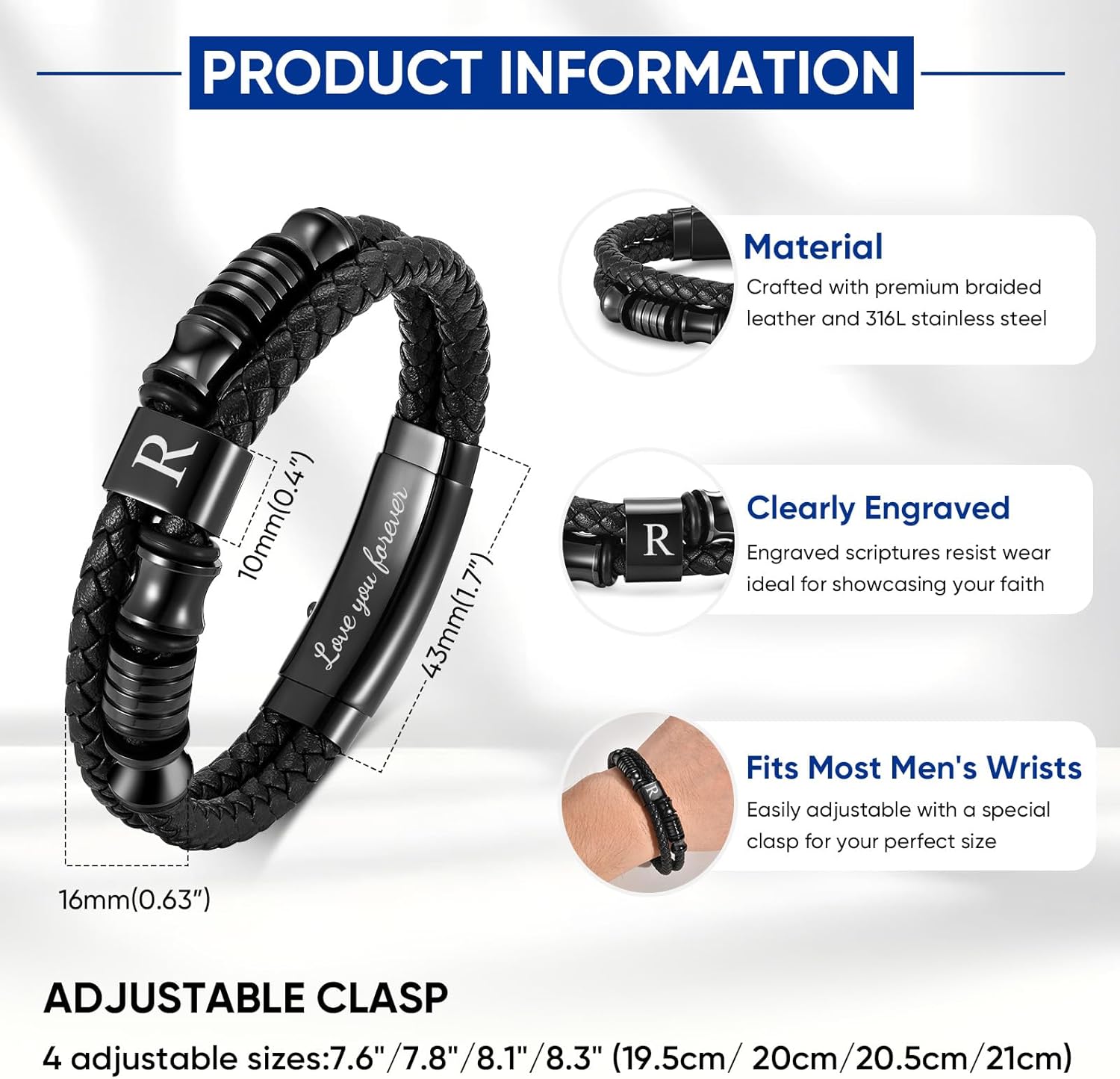 Initial Braided Leather Bracelets for Men - Double-Row Braided Mens Leather Bracelet Adjustable Wristband Initial Bracelet with Stainless Steel Clasp Unique Jewelry Gifts for Husband Dad Friend Son - Image 4