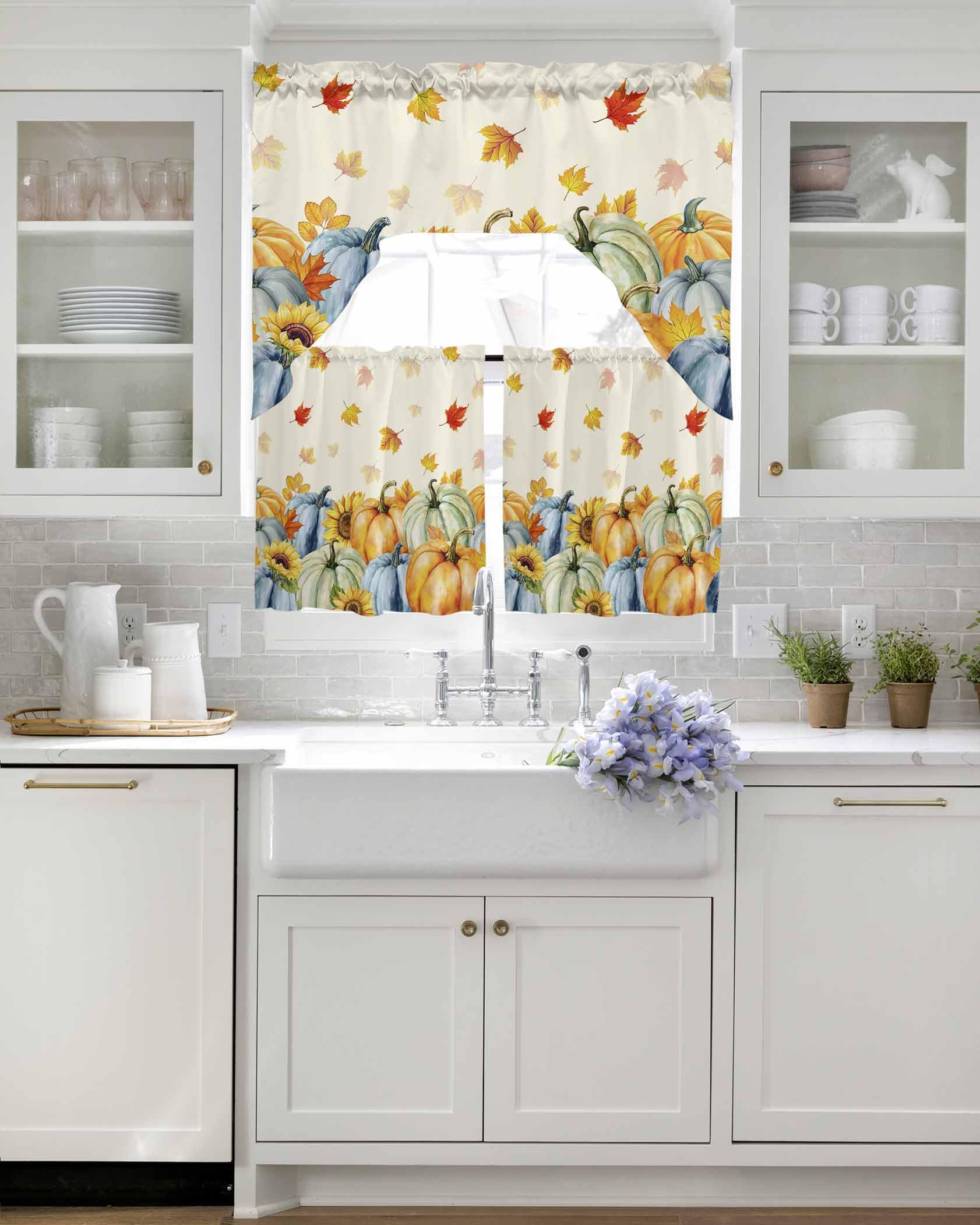 Juego De Cortinas Kate Aurora 3 Piezas: Calabazas Y Hojas De Acción De Gracias – Decora Tu Cocina Con Estilo Campestre