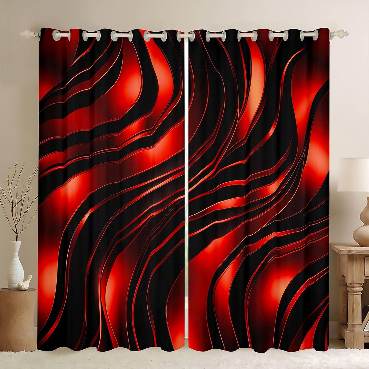Rideau occultant 140x245 cm rouge vif à lignes ondulées pour salon