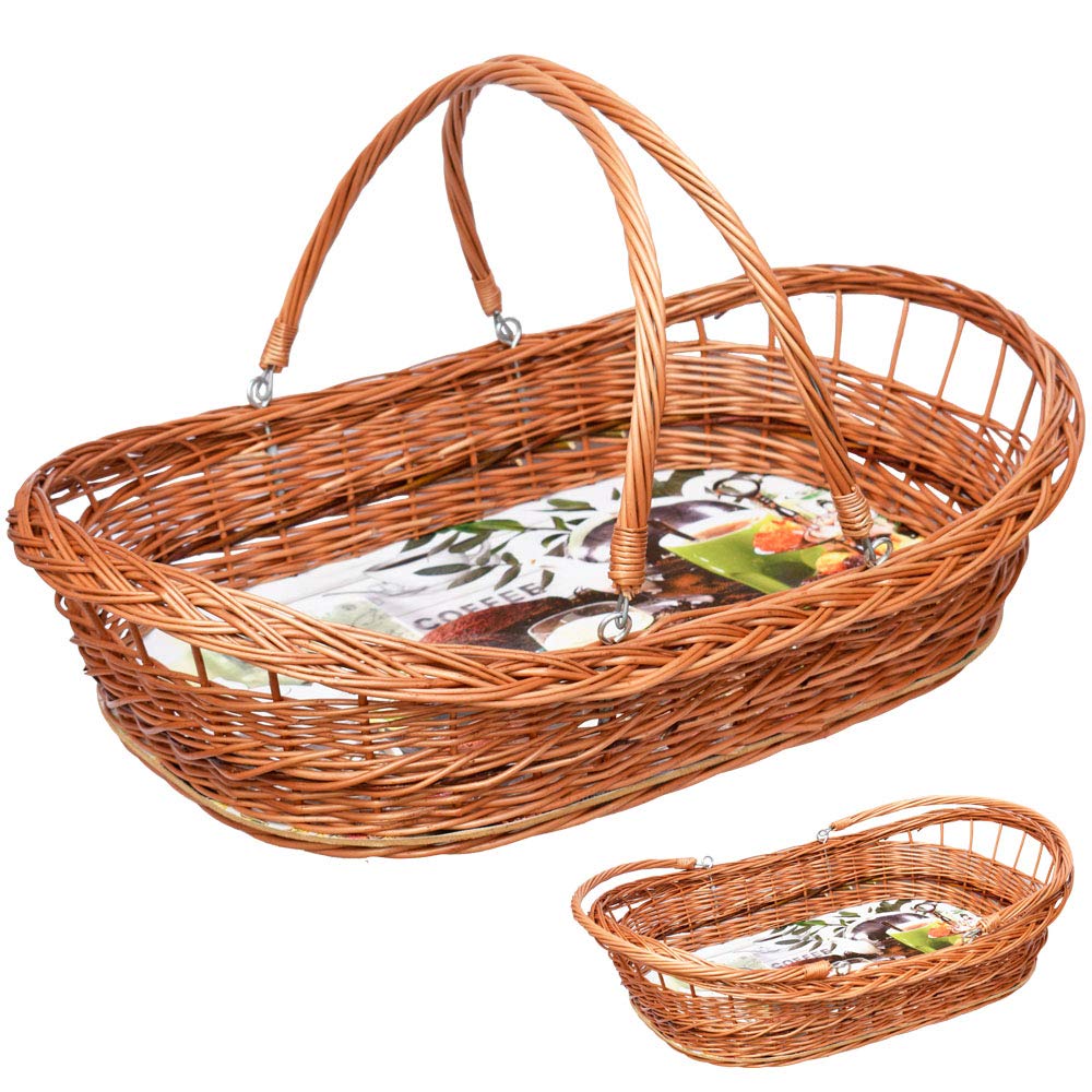 YULKA Weidenkorb Tablett mit Henkel 59x38x12 cm – handgeflochtenes Korbtablett aus Weide mit klappbarem Griff für Servieren & Aufbewahrung RR