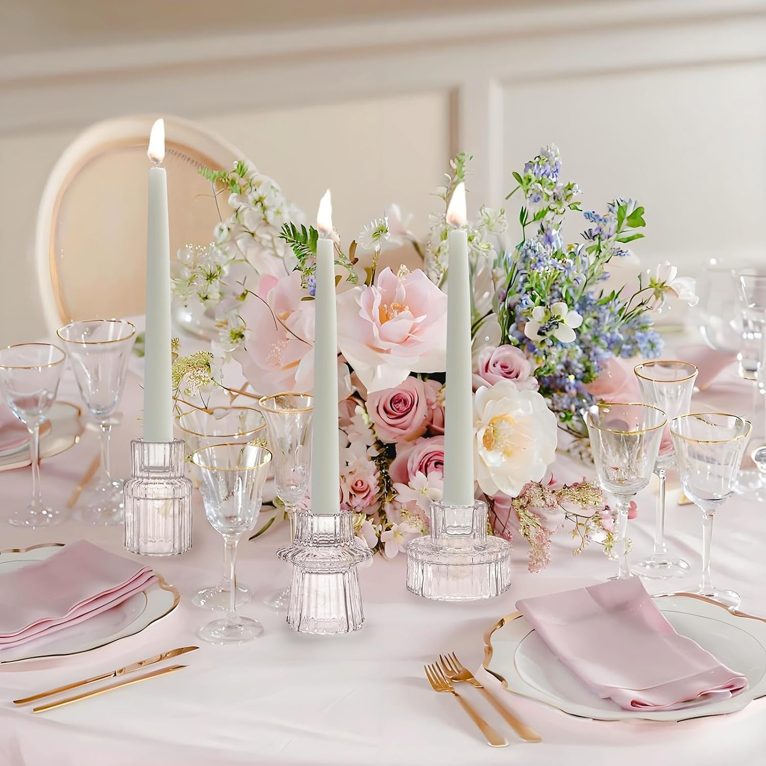 Double Sided Vintage Ribbed Taper Glass Candle Holders,Tea Candle Holder for Table Centerpieces, Wedding Decorations and Dinner Parties (Clear, 3 PCS) - Image 4