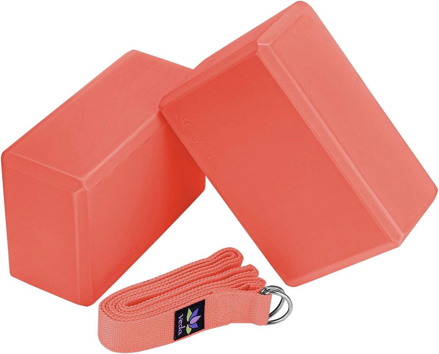 Veda Yoga Foam Blocks (Set of 2) Plus Strap with Metal D-Ring - Standard Studio Size 9" x 6" x 4"