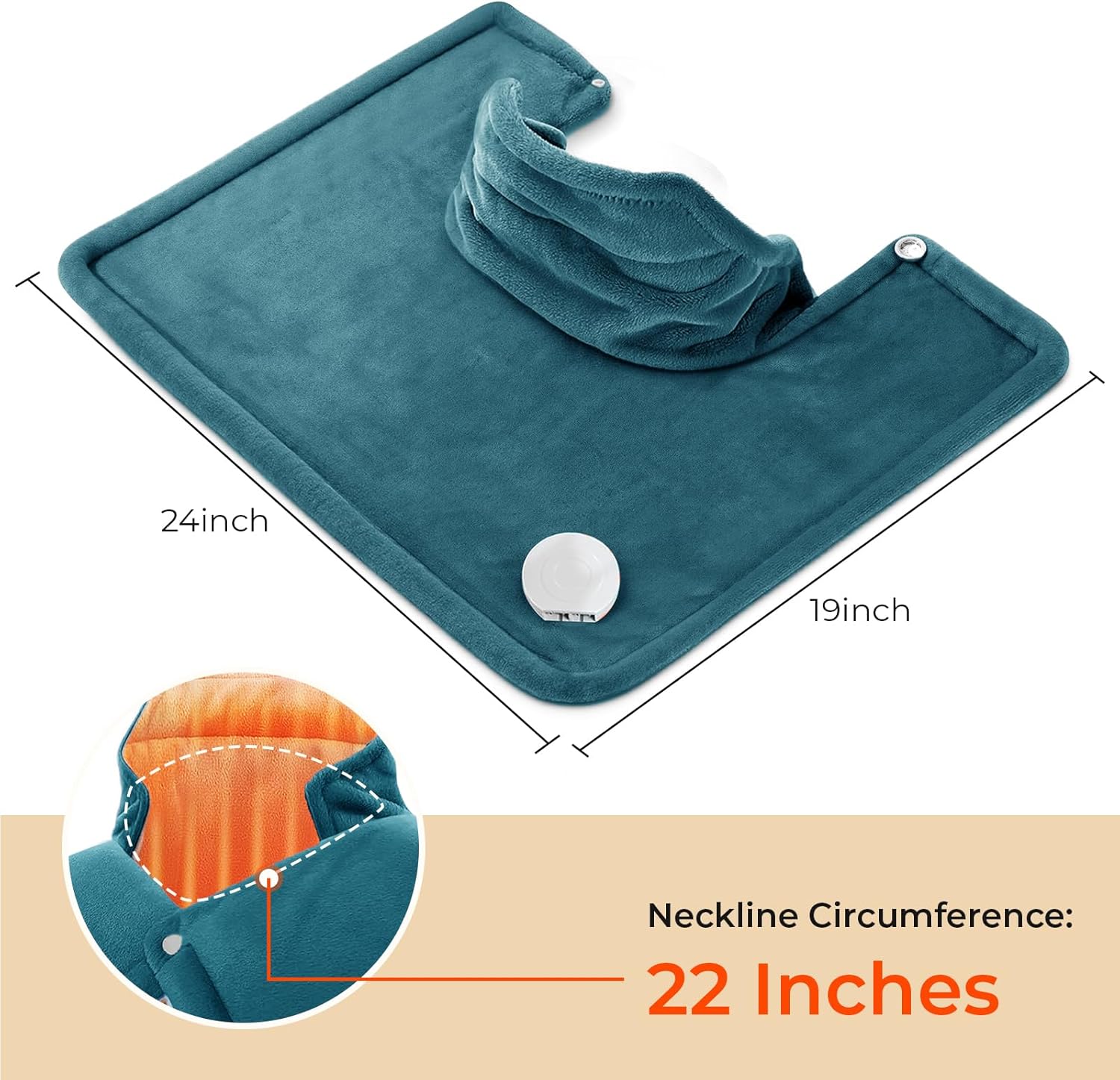 Diagram showing the dimensions of the heating pad, including 24 inches width, 19 inches length, and 22 inches neckline circumference