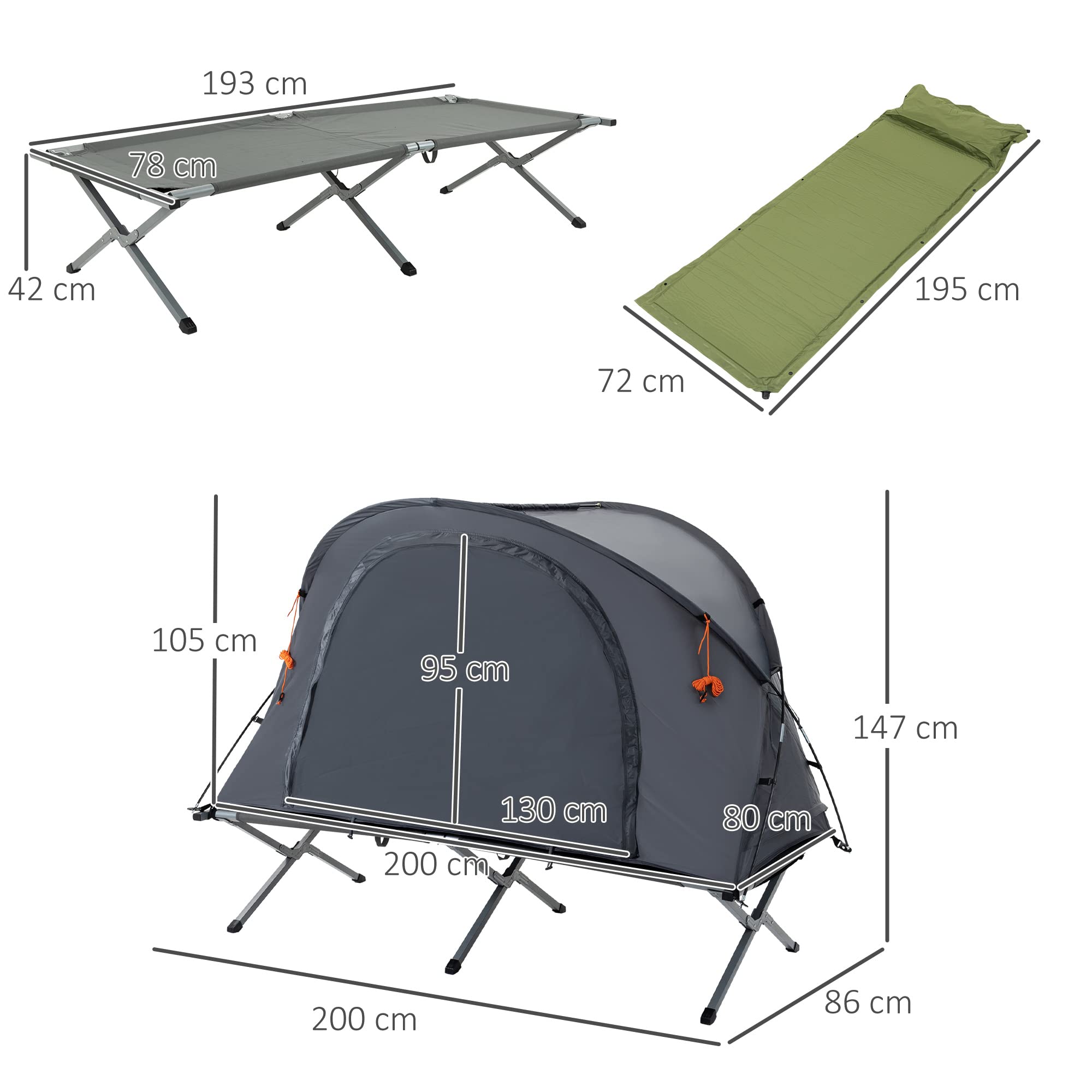 Outsunny Campingbett mit Zelt für 1 Person | Mit Luftmatratze, inkl. Tragetasche