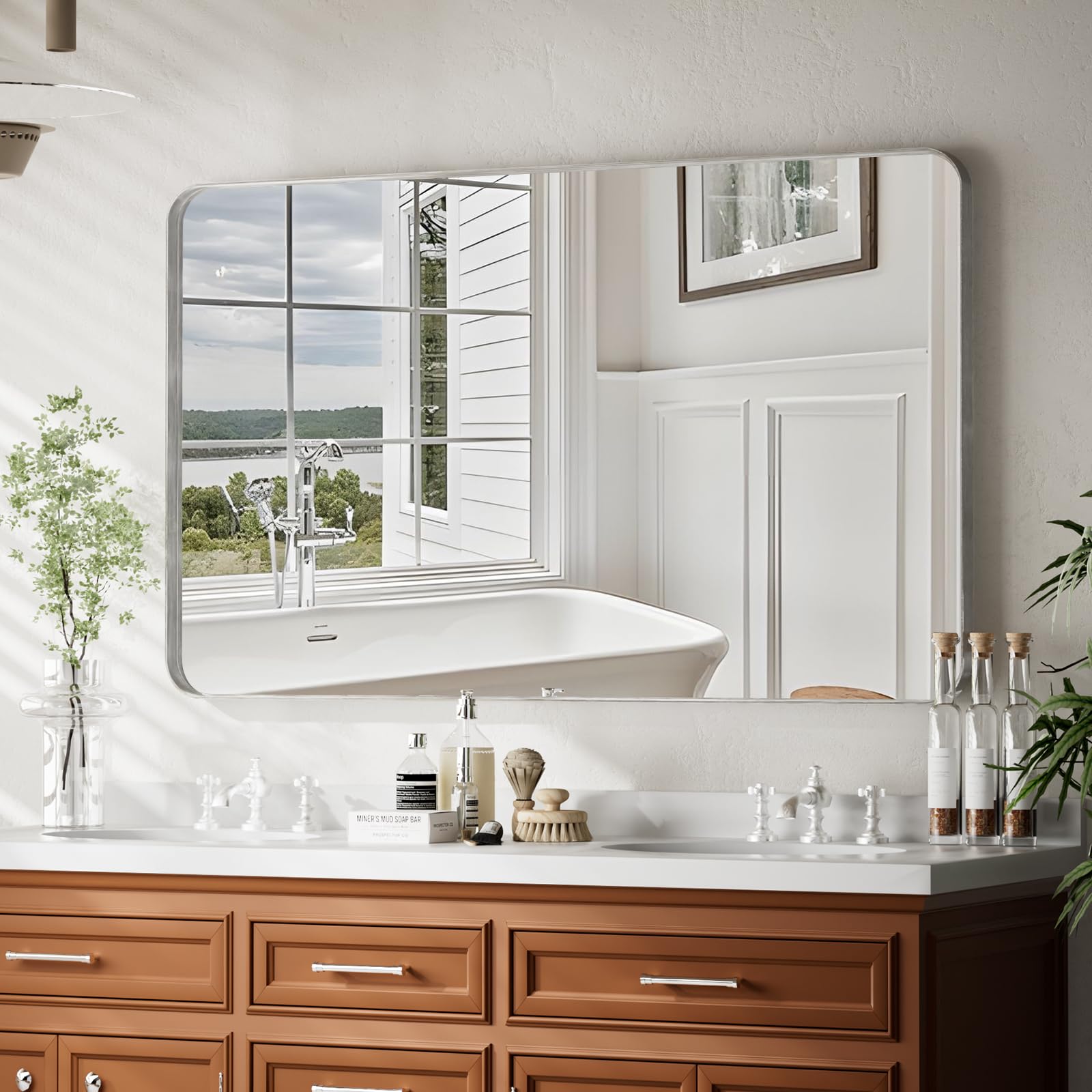 Bathroom Mirror 30x48 inch, Silver Gorgeous Deep Frame Wall Mirror, Modern Round Corner Bathroom Vanity Mirror for Bedroom, Living Room, Hanging or Leaning Horizontal or Vertical, Silver