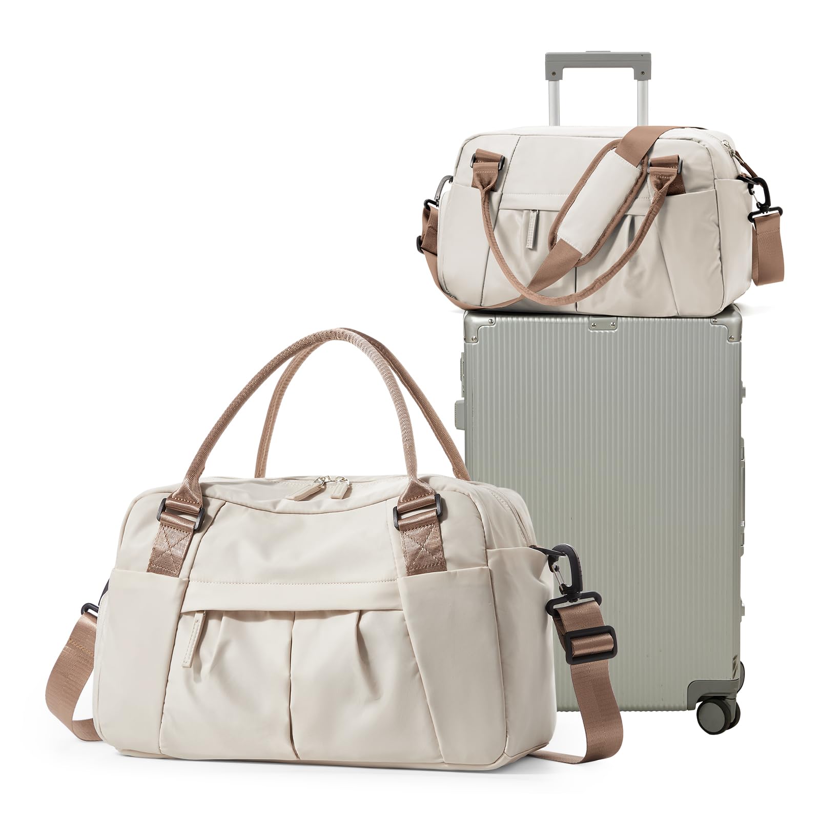Borsone da Viaggio Donna, 40x20x25 Ryanair Bagaglio a Mano Borsa da Viaggio con Scomparto per le Scarpe, Borsa Sportiva Borsone da Palestra Grande, Borsa da Weekend,Borsa per Ospedale J1-Marrone beige