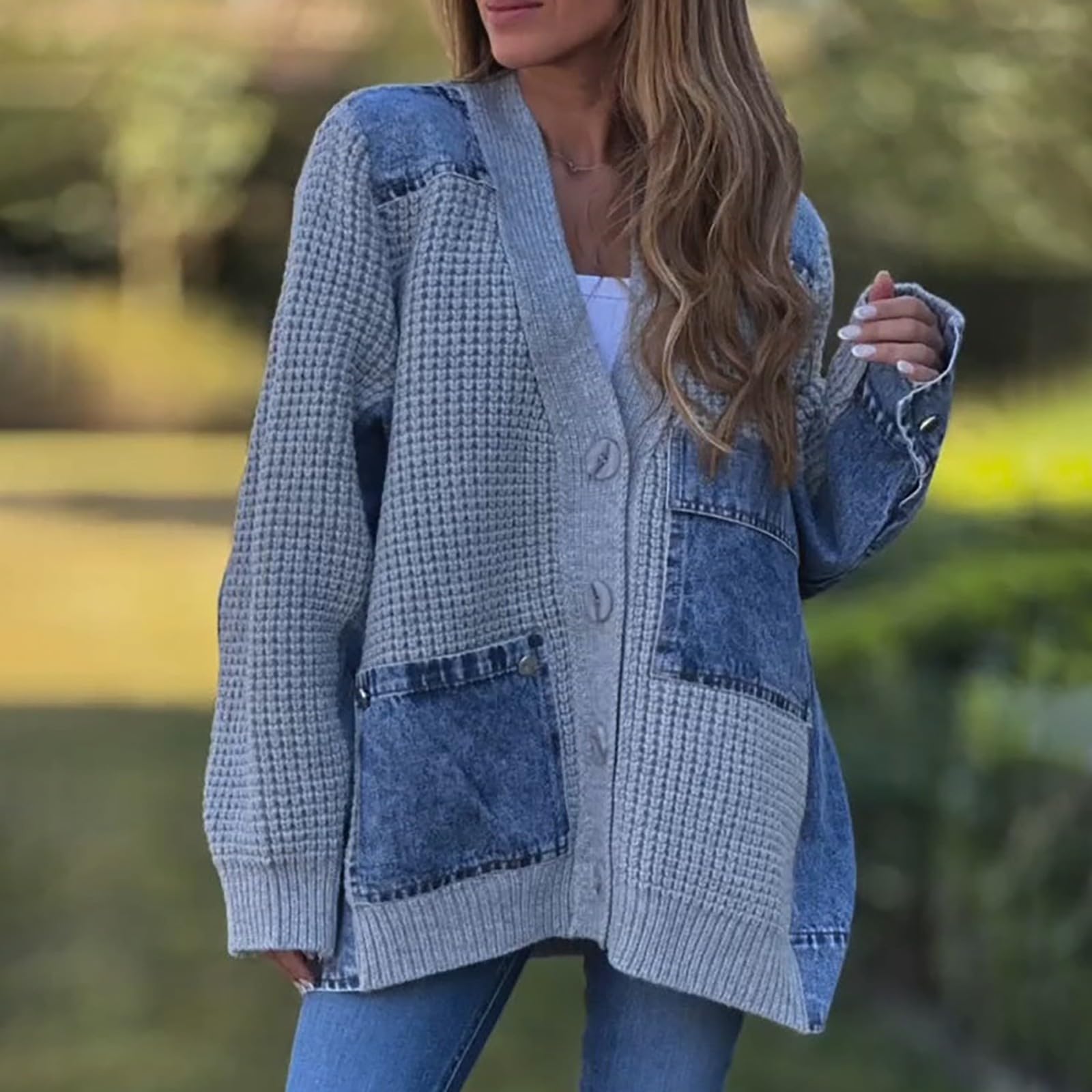Chaqueta acolchada para mujer – Chaqueta de lana para mujer de punto de punto chaqueta Patchwork sudadera transpirable Tops ocio Chaquetas con múltiples bolsillos Cardigan con botón Chaquetas Thin