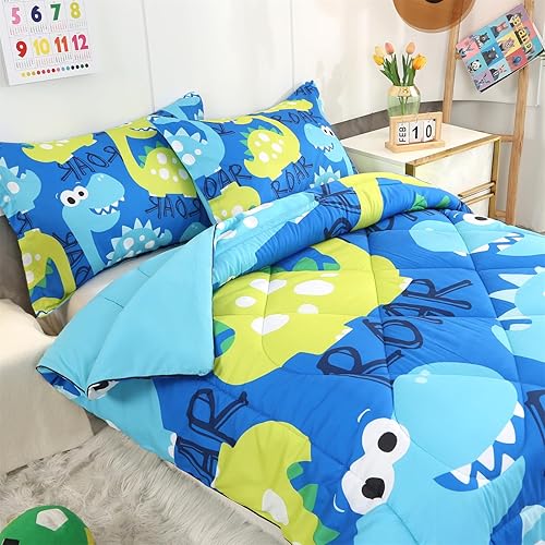Miniatura 3 de ENCOFT Juego de edredón de dinosaurio tamaño individual para niñas y niños, juego de ropa de cama de dinosaurios de 3 piezas de alta calidad, color