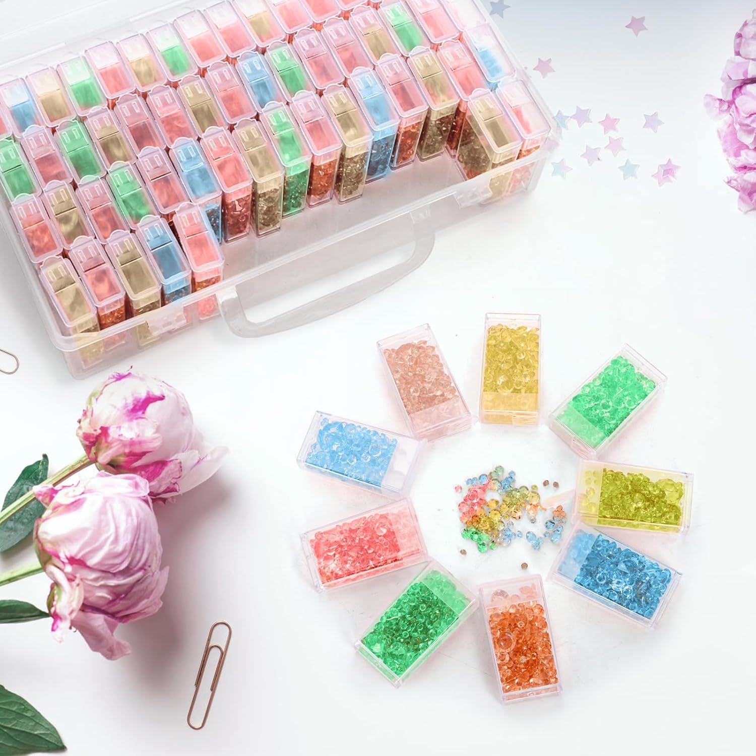 Pumtus 3 Pack Diamond Art Storage Containers, 192 Grids Acrylic Bead Box with Label Stickers, 5D Diamond Dot Art Case, Embroidery DIY Art Craft Storage Jar for Sewing, Nail, Rhinestone, Seed