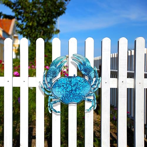 Miniatura 7 de John's Studio Decoración de pared de cangrejo al aire libre de metal para colgar en el baño, decoración de cristal azul del océano para el hogar, la